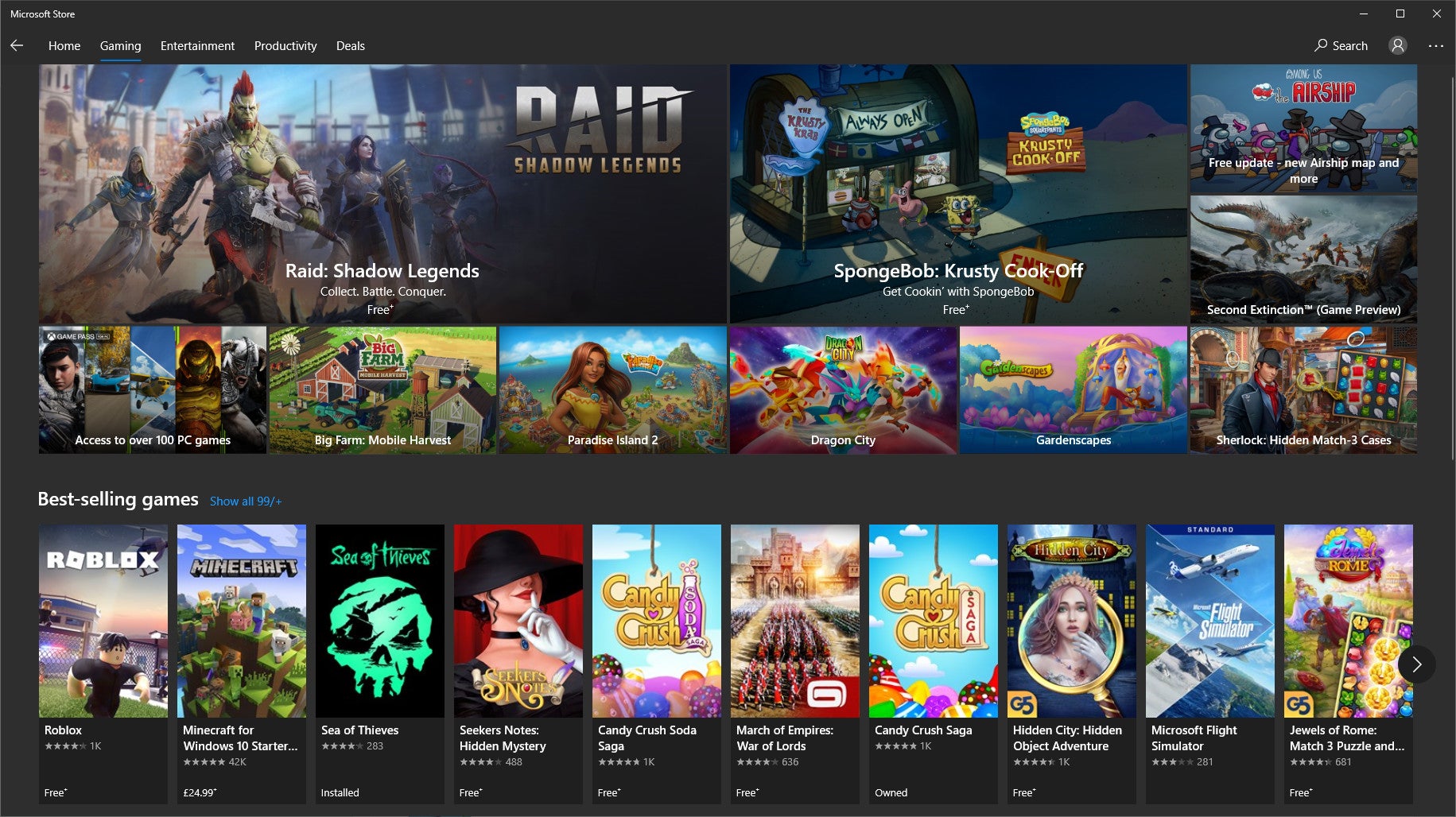 A screenshot of the Microsoft Store's main Gaming page.