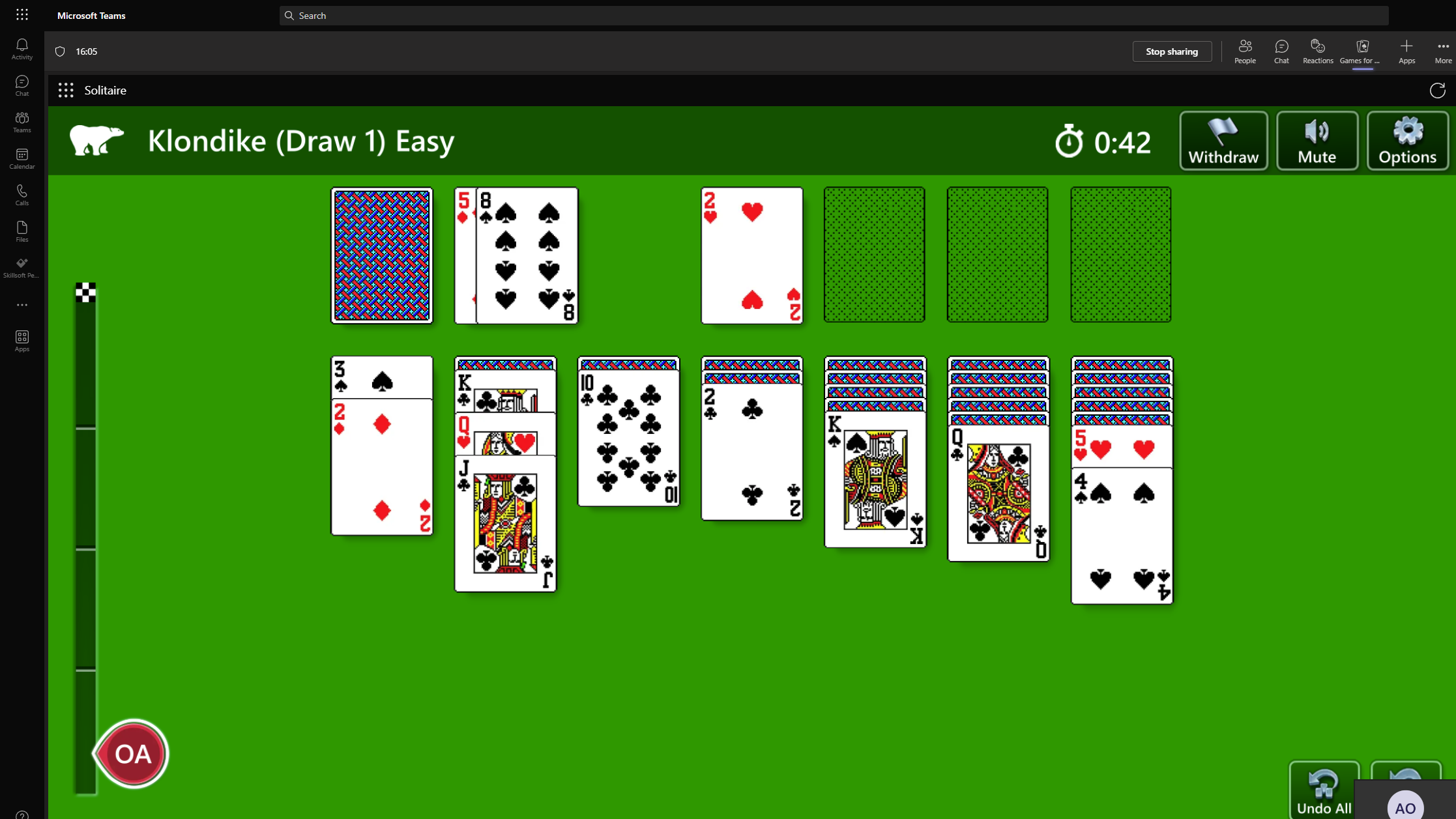 Playing Solitaire inside Microsoft Teams.