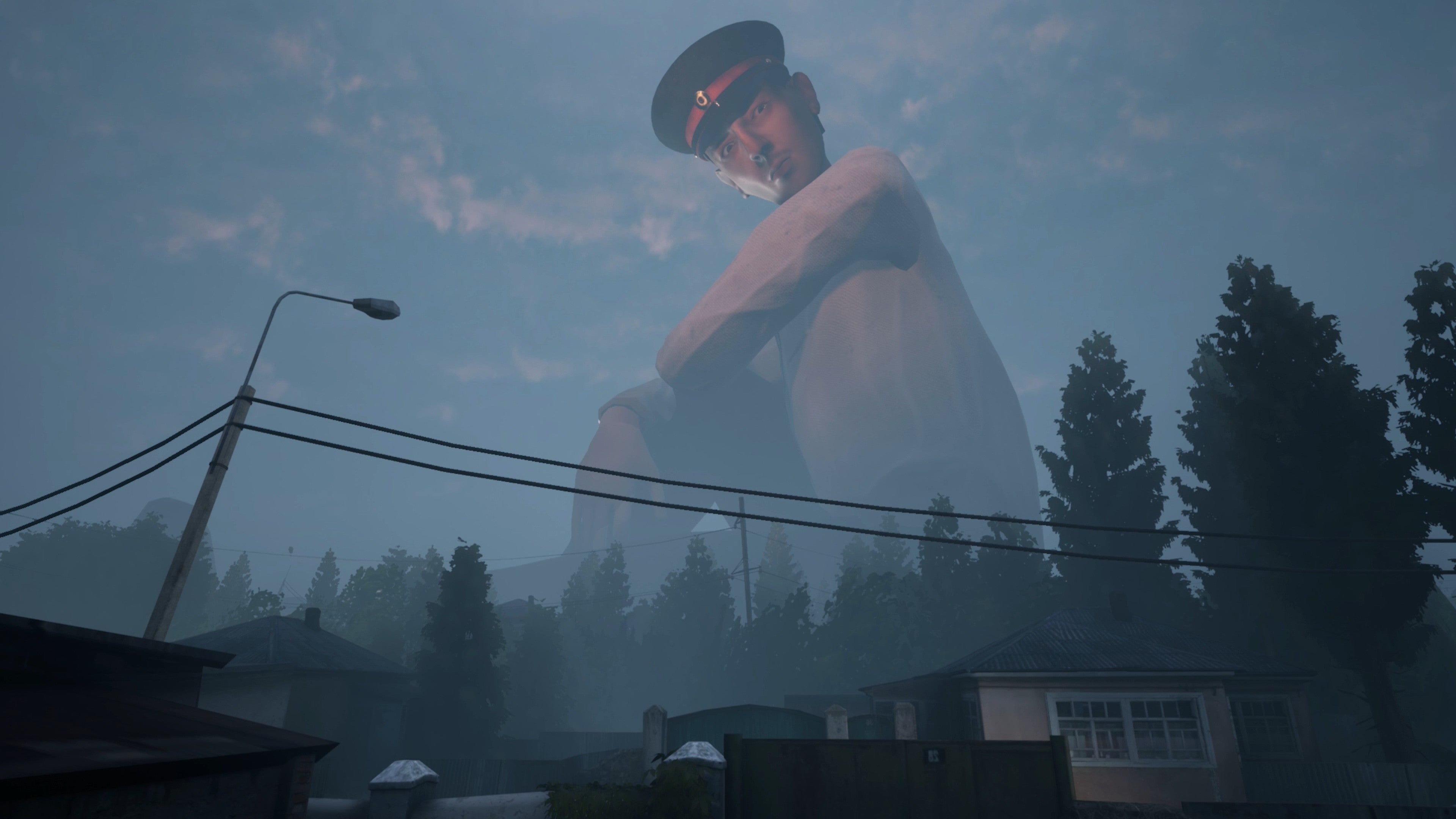 A giant policeman looms over a town in a screenshot from Militsioner.