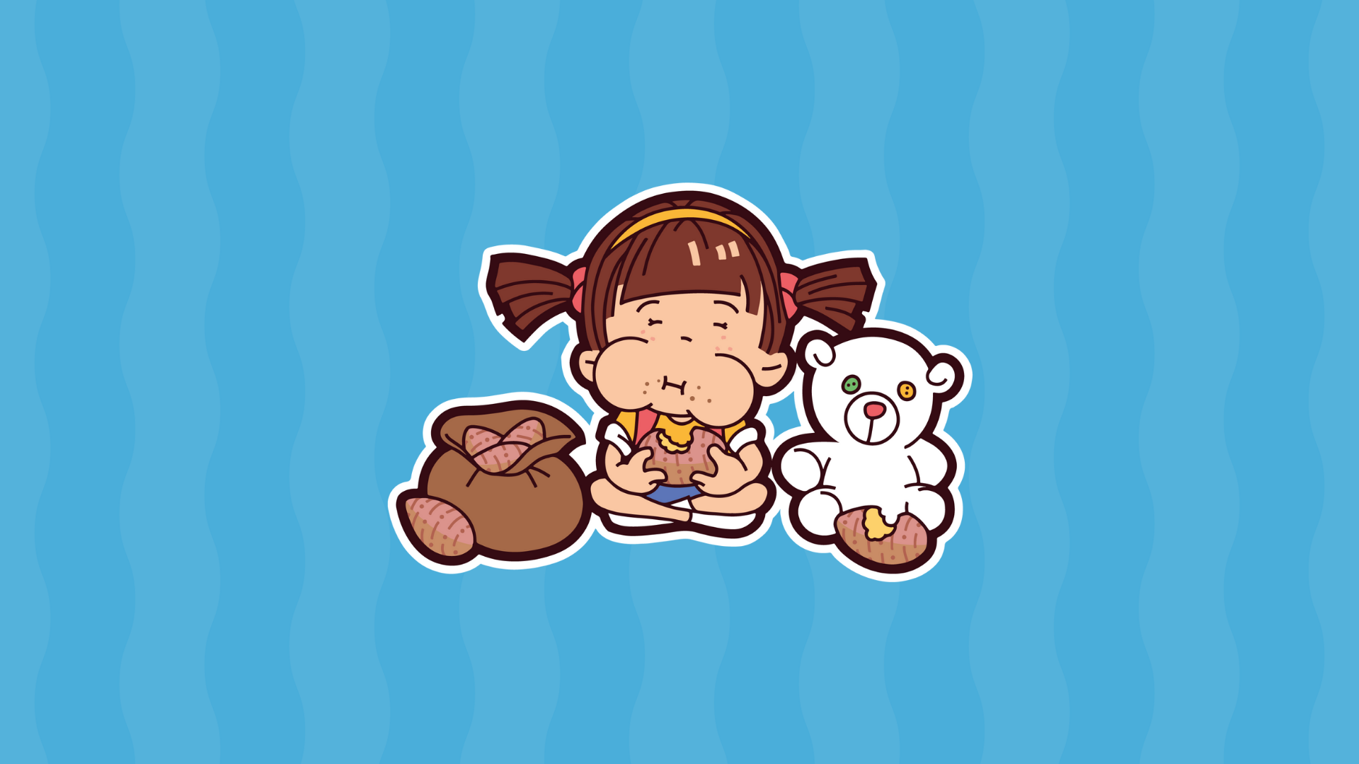 A young girl, the mascot of Mimimi Games, eats a sack of sweet potatoes with her white teddy bear