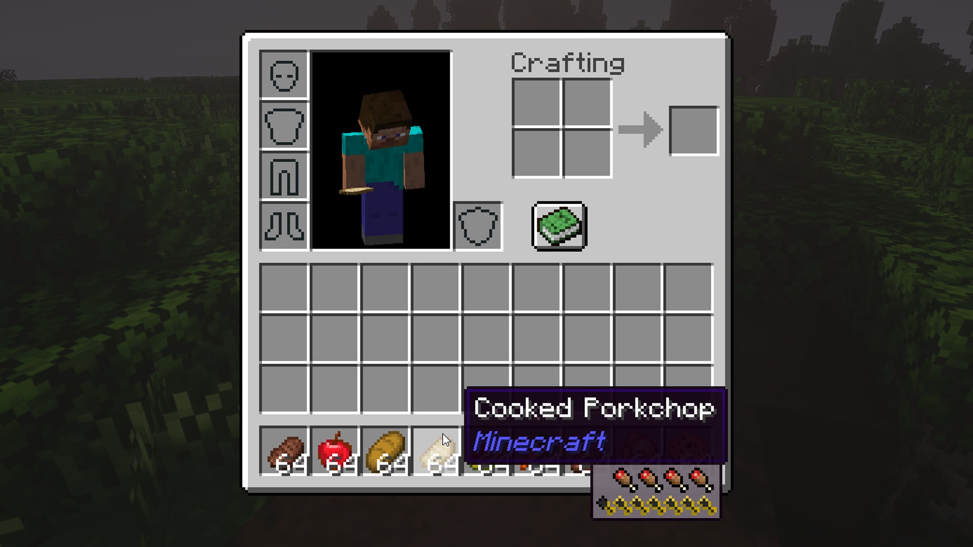 A Minecraft screenshot of the inventory window with the Appleskin mod displaying details about a Cooked Porkchop item.