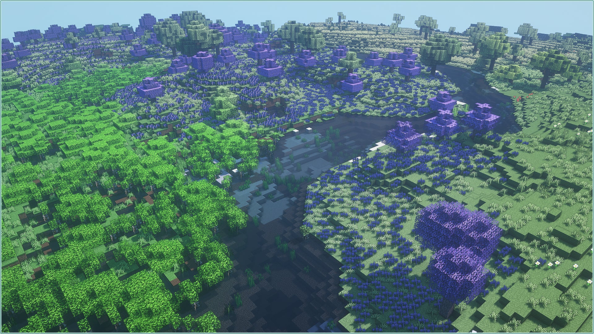 A Minecraft screenshot of multiple biomes added by the Biomes O' Plenty mod.