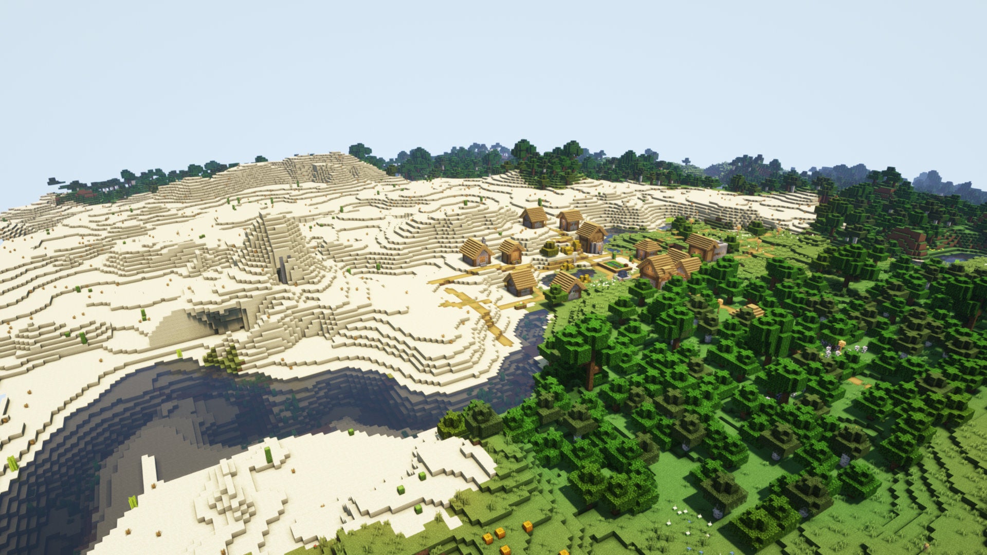 A Minecraft screenshot of a landscape with Continuum Shaders enabled.