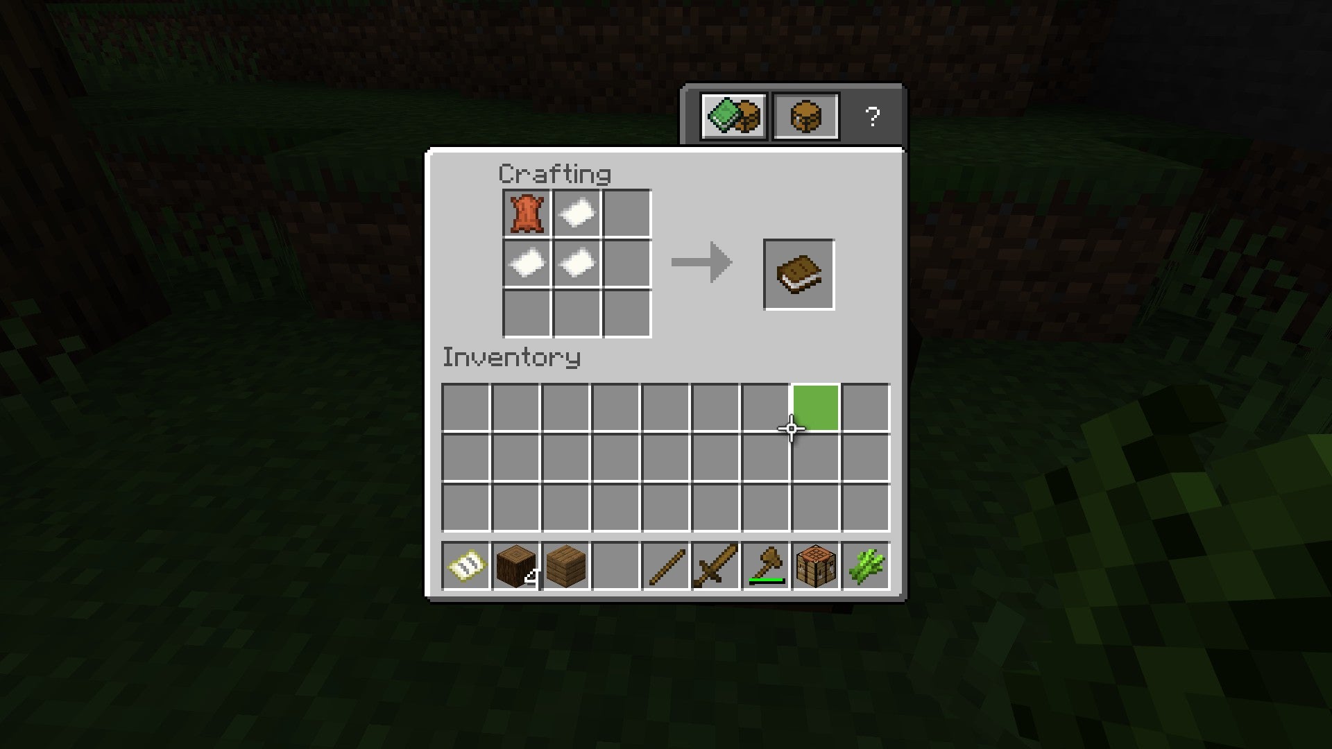 Minecraft making a book at a crafting table using leather and paper