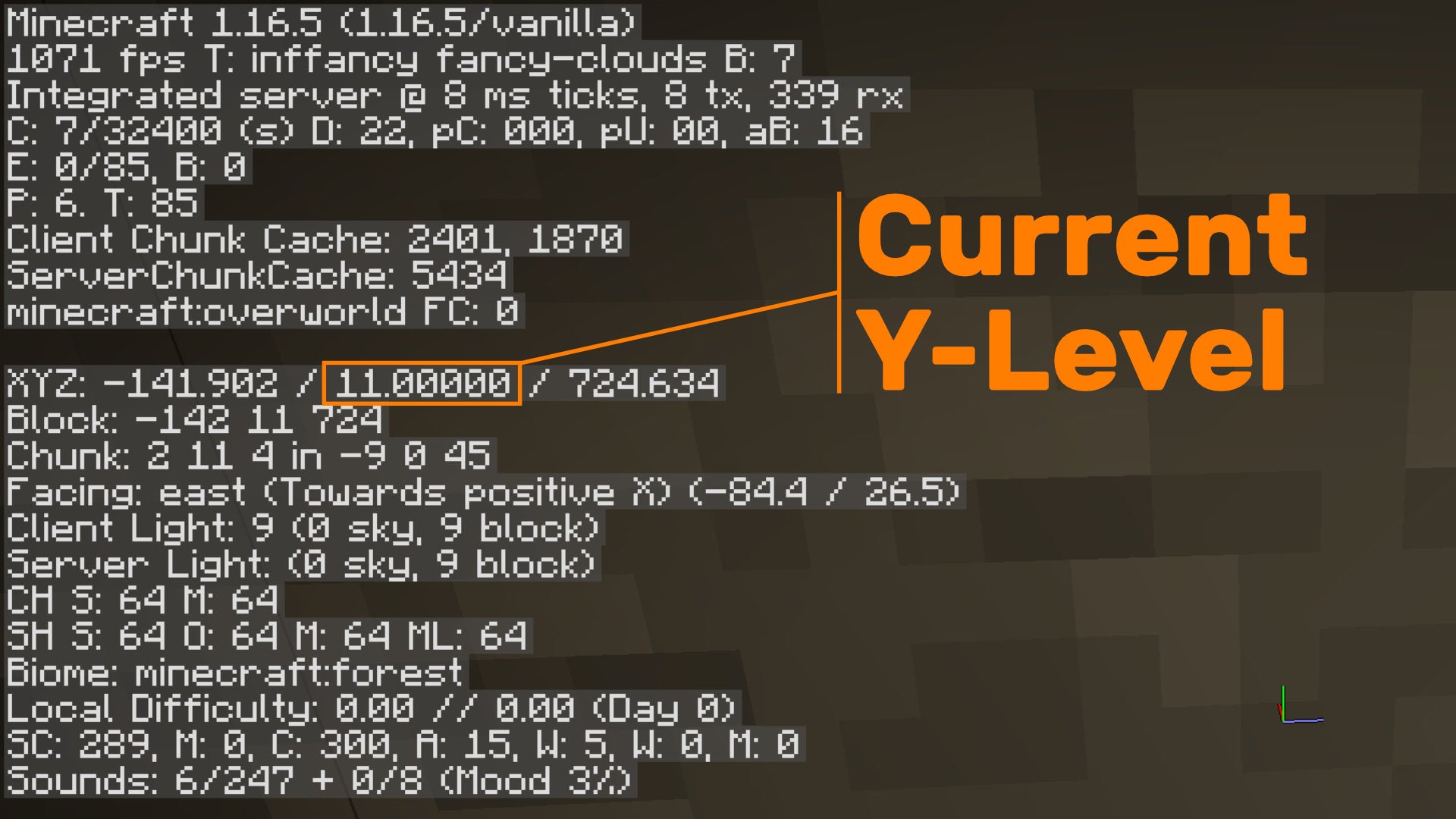 Una captura de pantalla de Minecraft que muestra dónde se muestra su coordenada de nivel Y actual en la superposición de depuración.