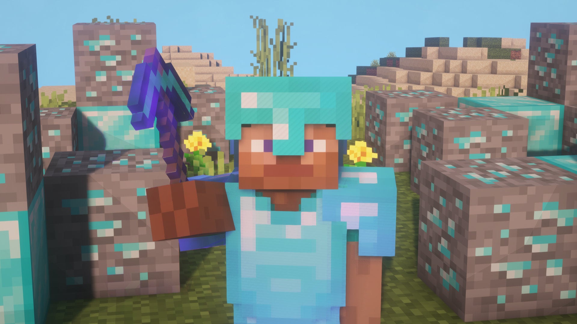 A Minecraft screenshot of a player clad in full enchanted Diamond Armor, surrounded by Diamond Ore and Diamond Blocks.
