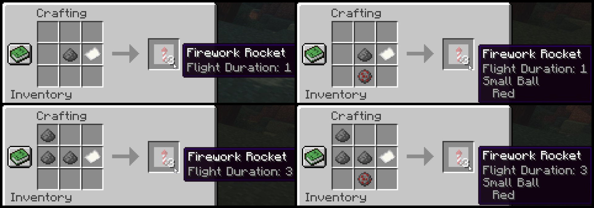 A composite image of four types of Firework Rocket being created in four different crafting windows in Minecraft.
