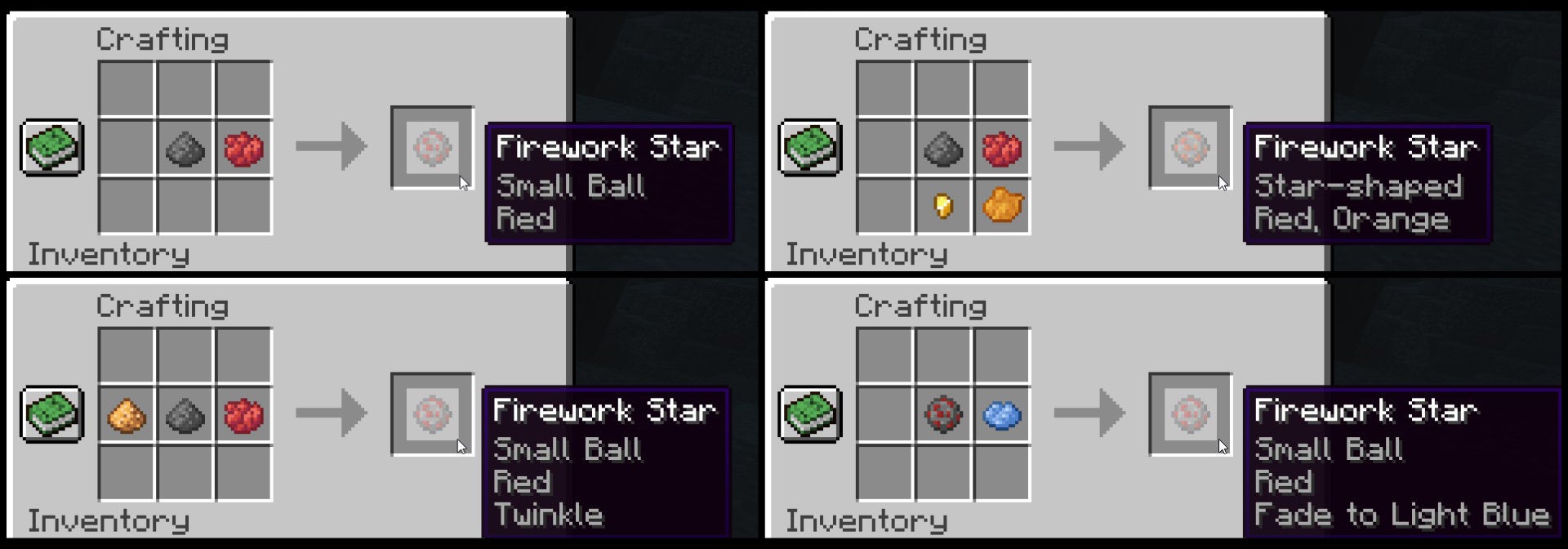 A composite image of four types of Firework Star being created in four different crafting windows in Minecraft.