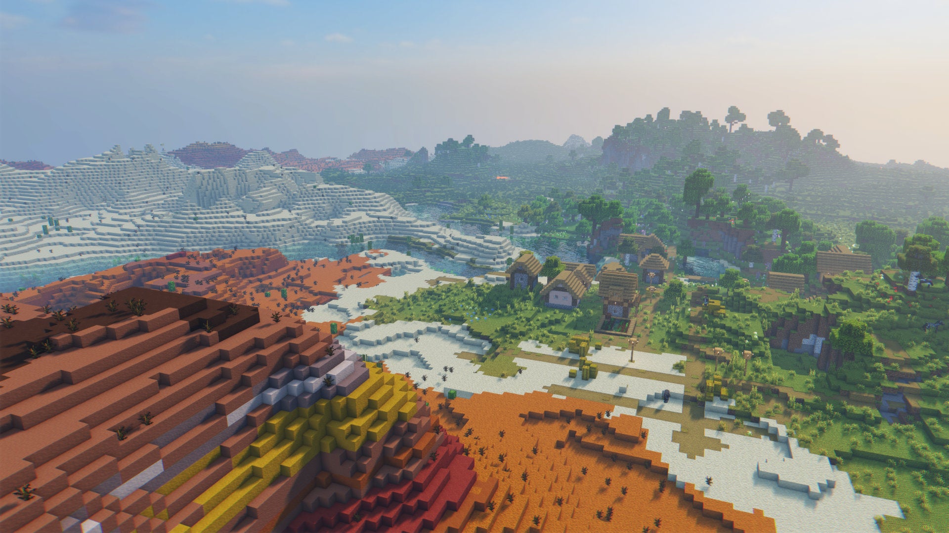 A Minecraft screenshot of a landscape with projectLUMA Shaders enabled.