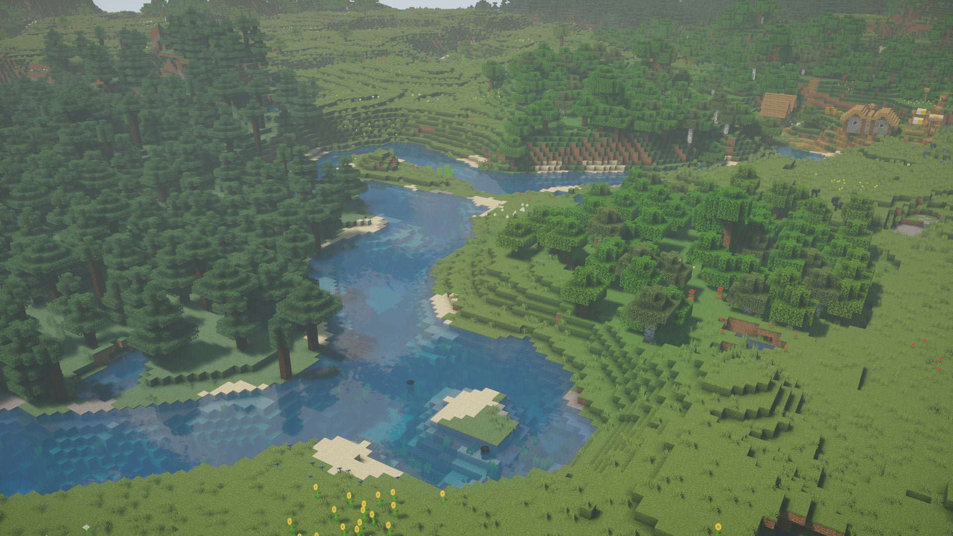 A Minecraft screenshot of a landscape with Sora Shaders enabled.