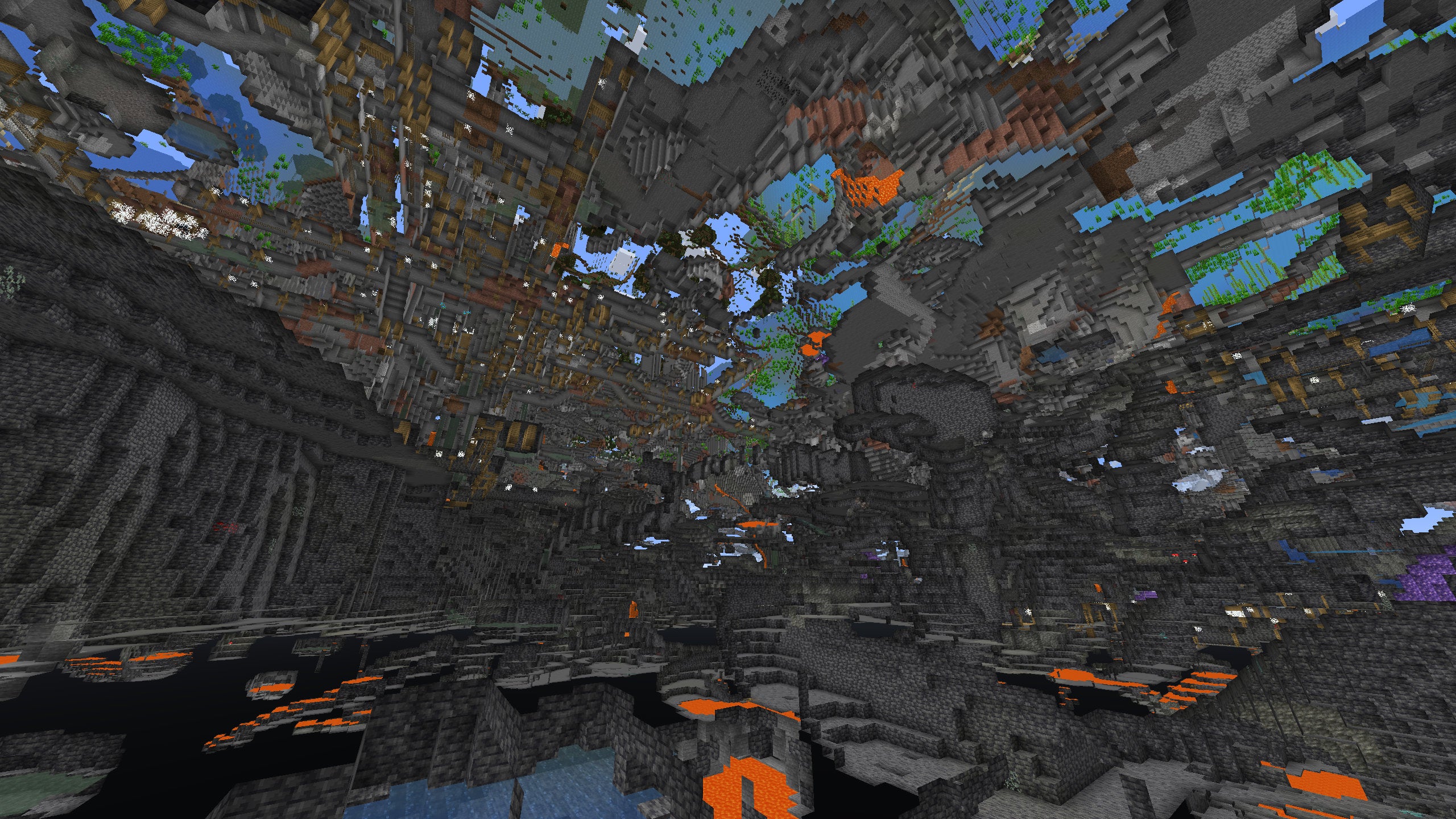 Viewing a Minecraft world from far below Y=0 in Spectator Mode.
