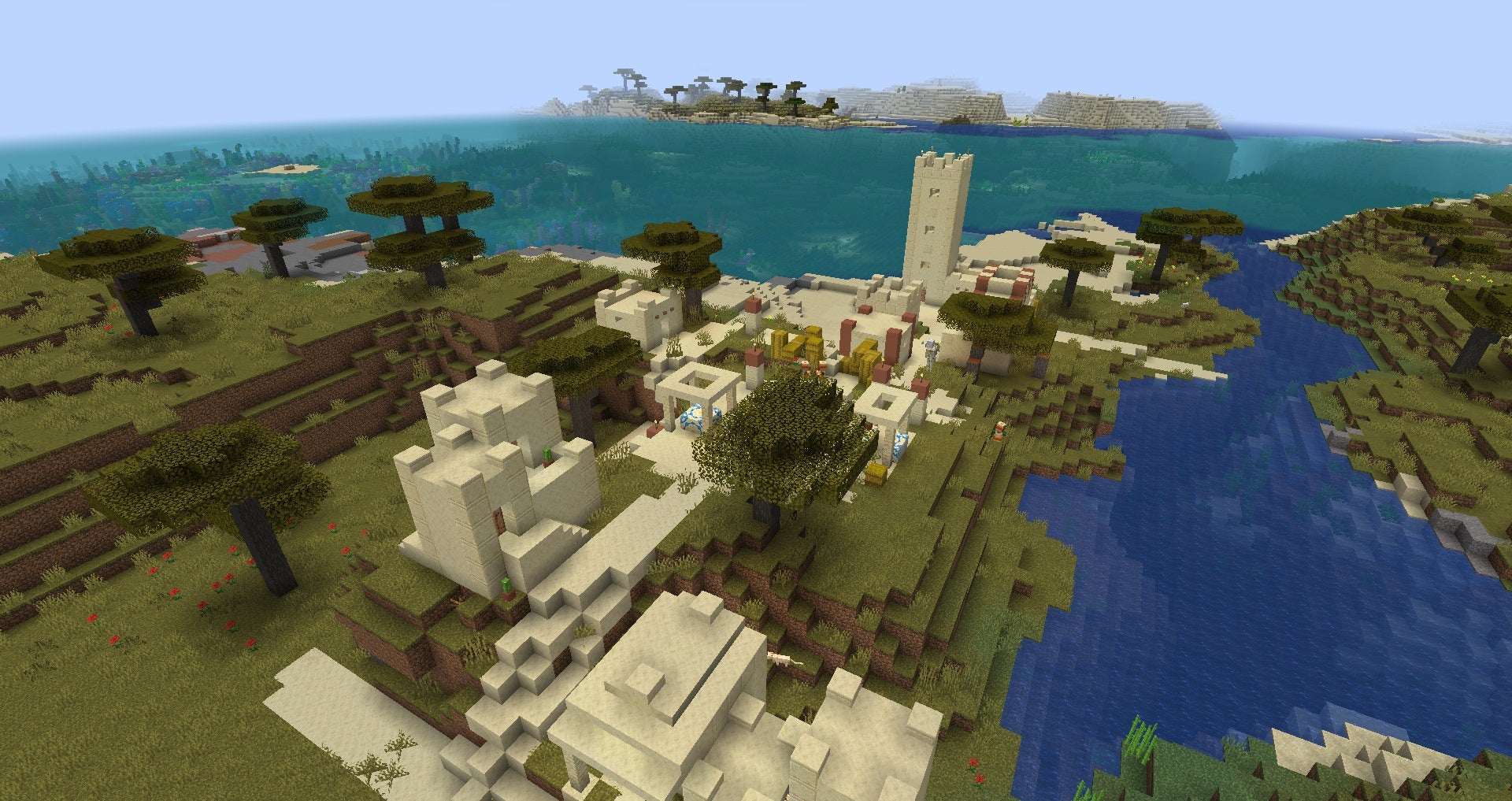 Minecraft experimental snapshot 1.18 - a desert village has spawned in a grassy biome beside the ocean