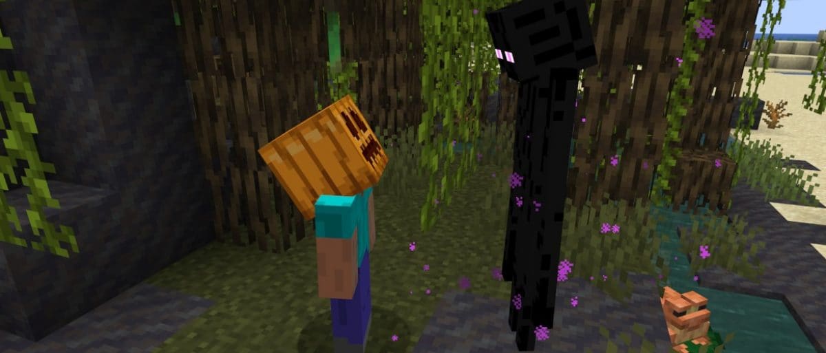 Steve from Minecraft wearing a pumpkin mask and staring up at an Enderman.