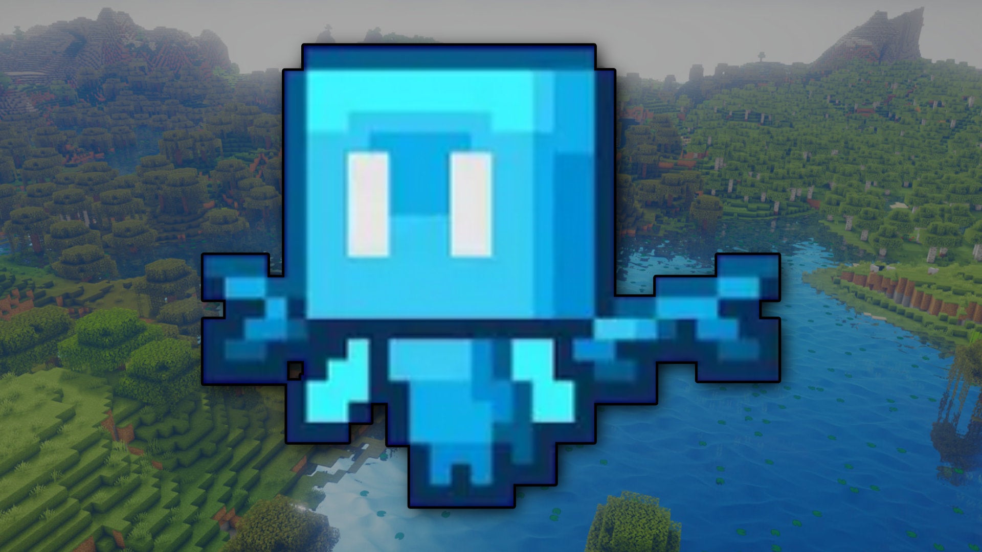 An Allay in Minecraft floating against a typical Minecraft landscape backdrop.