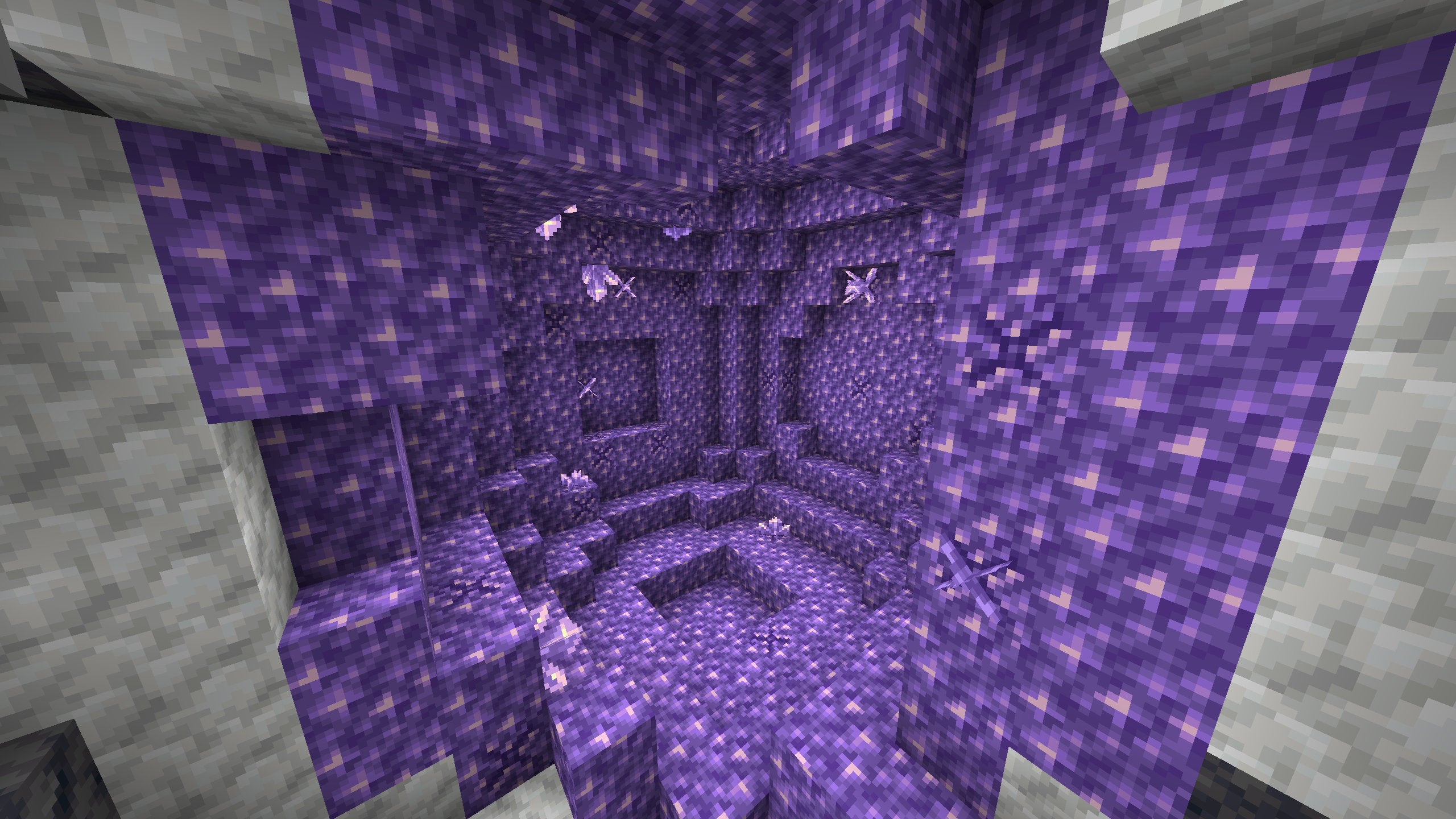 A Minecraft screenshot of an Amethyst Geode.