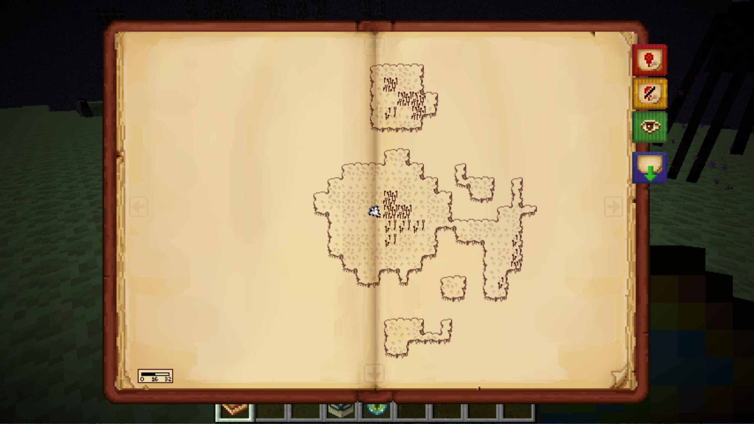 The Antique Atlas mod item in Minecraft, which shows a map of the world inside a book.