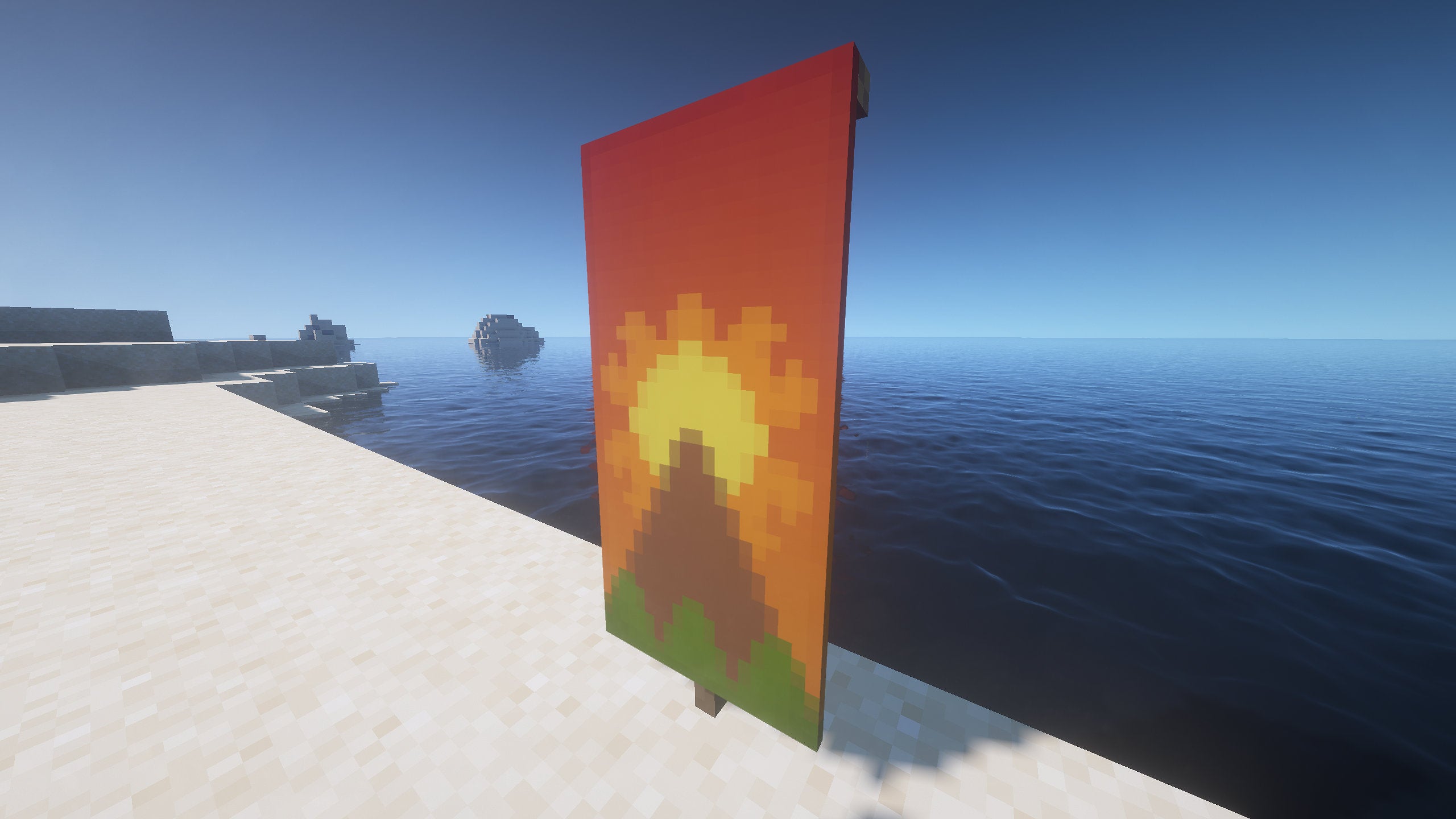 A mountain Banner in Minecraft, placed in the ground by the coast.