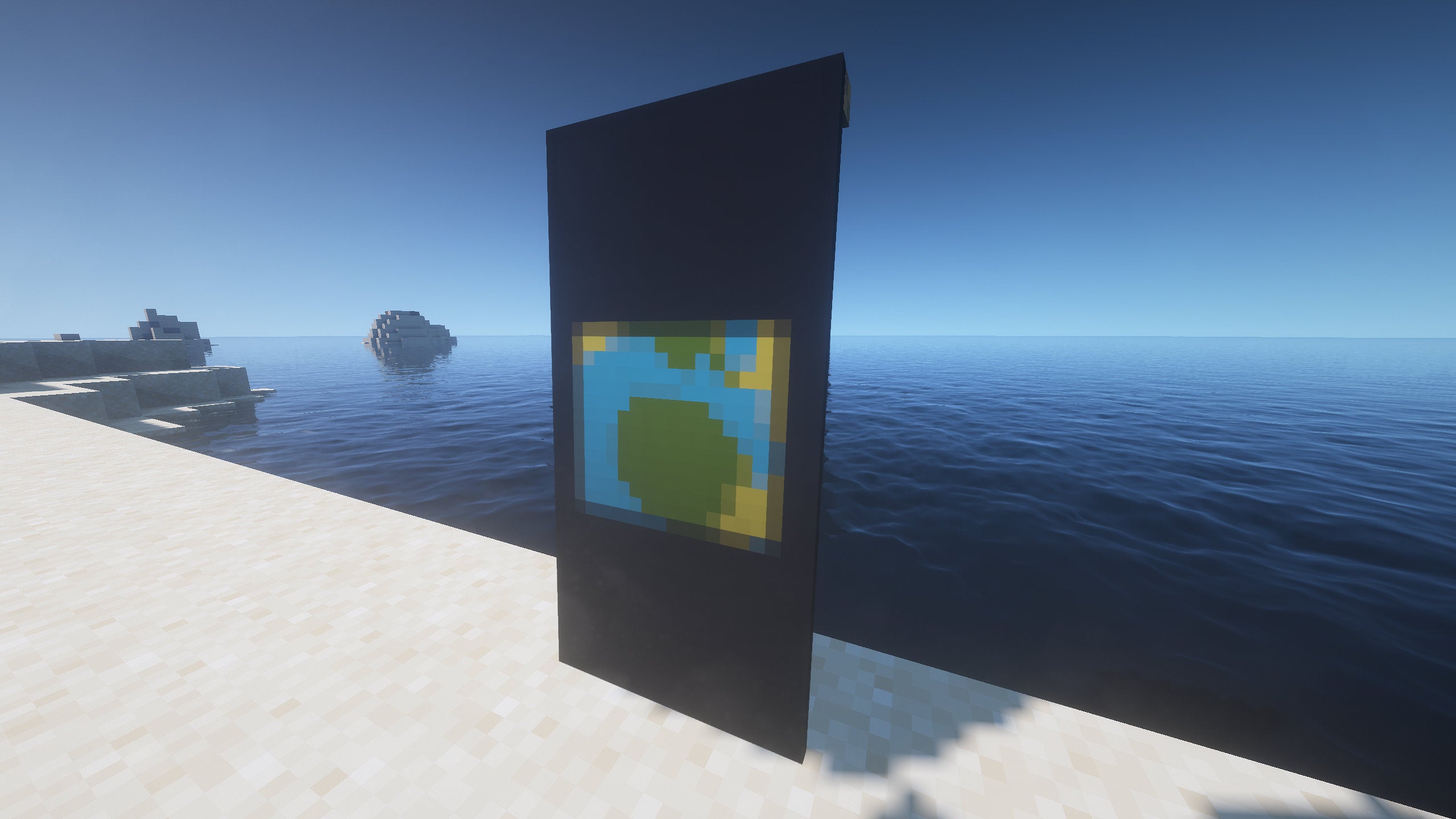 A planet Banner in Minecraft, placed in the ground by the coast.