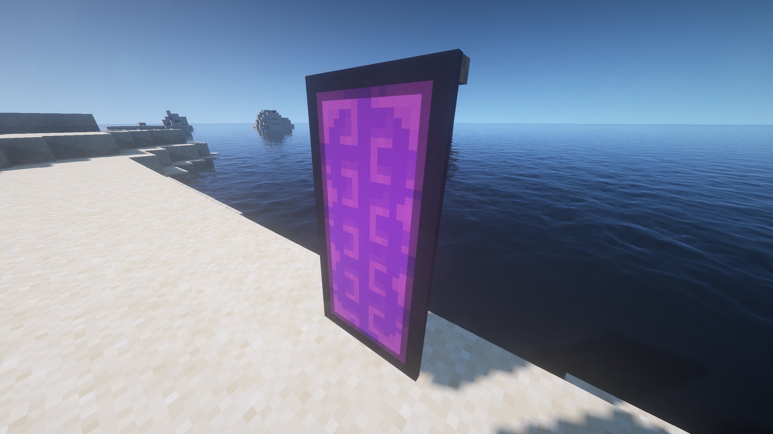 A Nether portal Banner in Minecraft, placed in the ground by the coast.