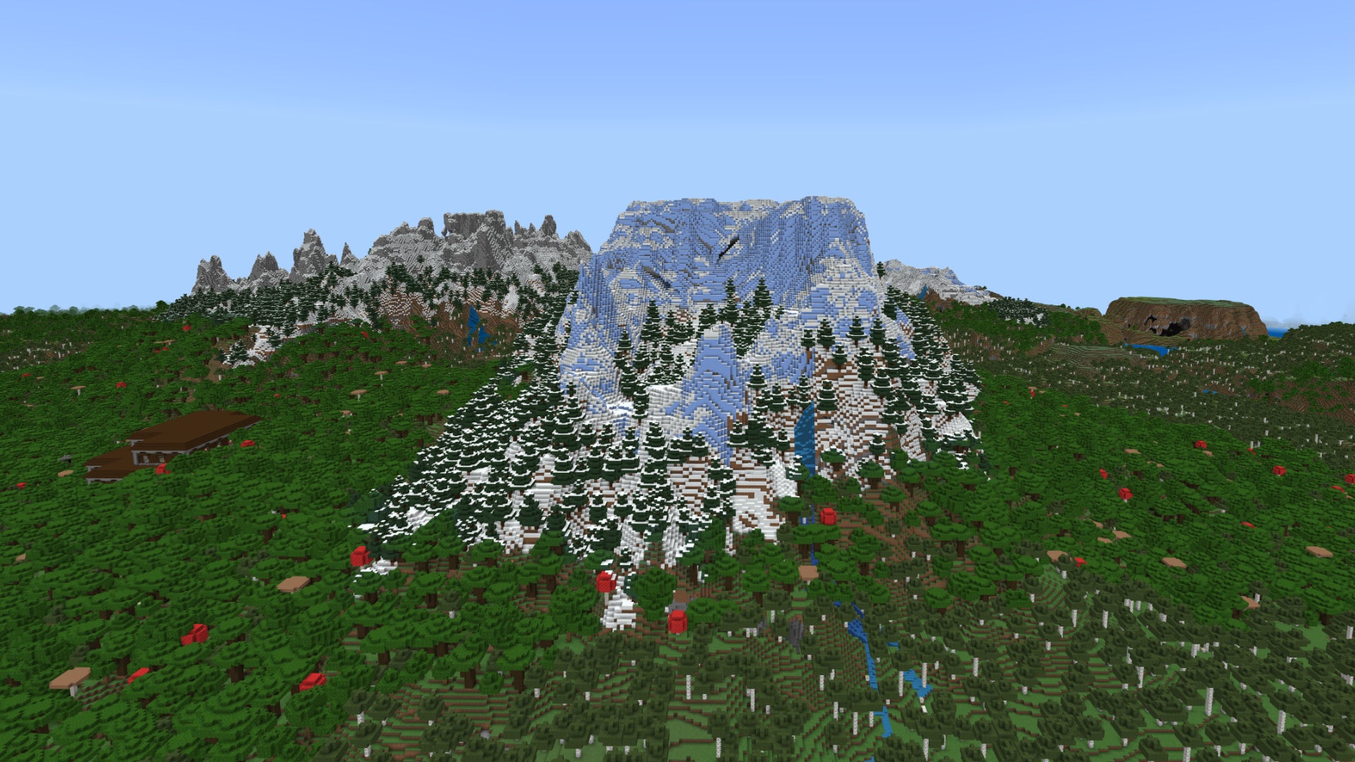 A large icy mountain rises from a forest landscape in a Minecraft Bedrock world.