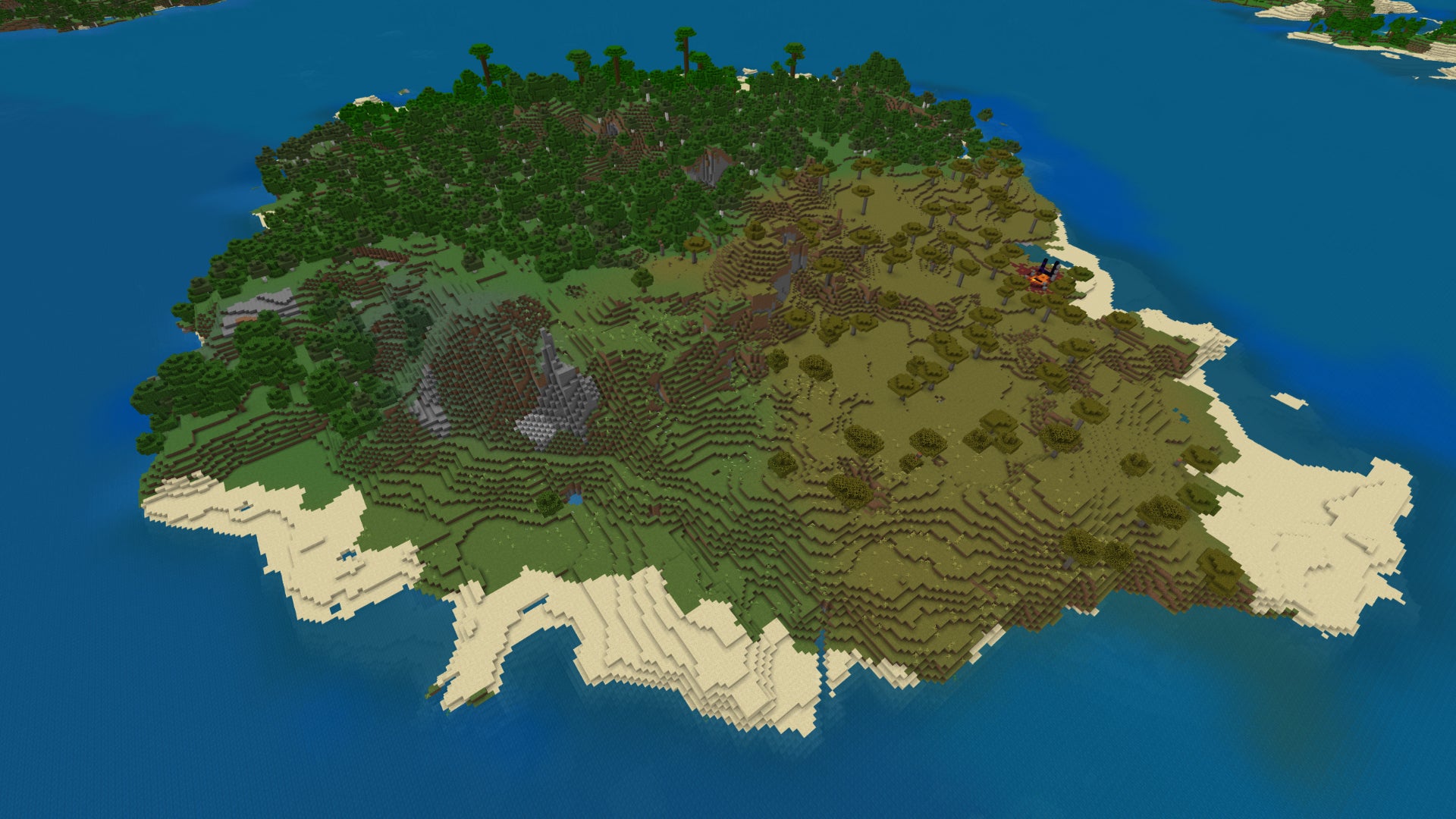 A large island surrounded by the ocean in a Minecraft Bedrock world.