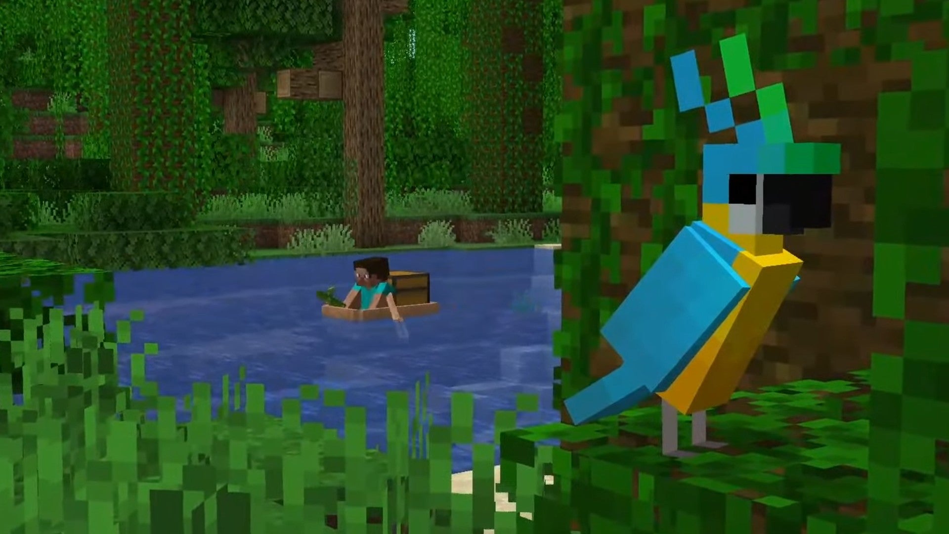يذهب ستيف إلى النهر في قارب به صندوق بينما يجلس ببغاء على أوراق شجرة غابة