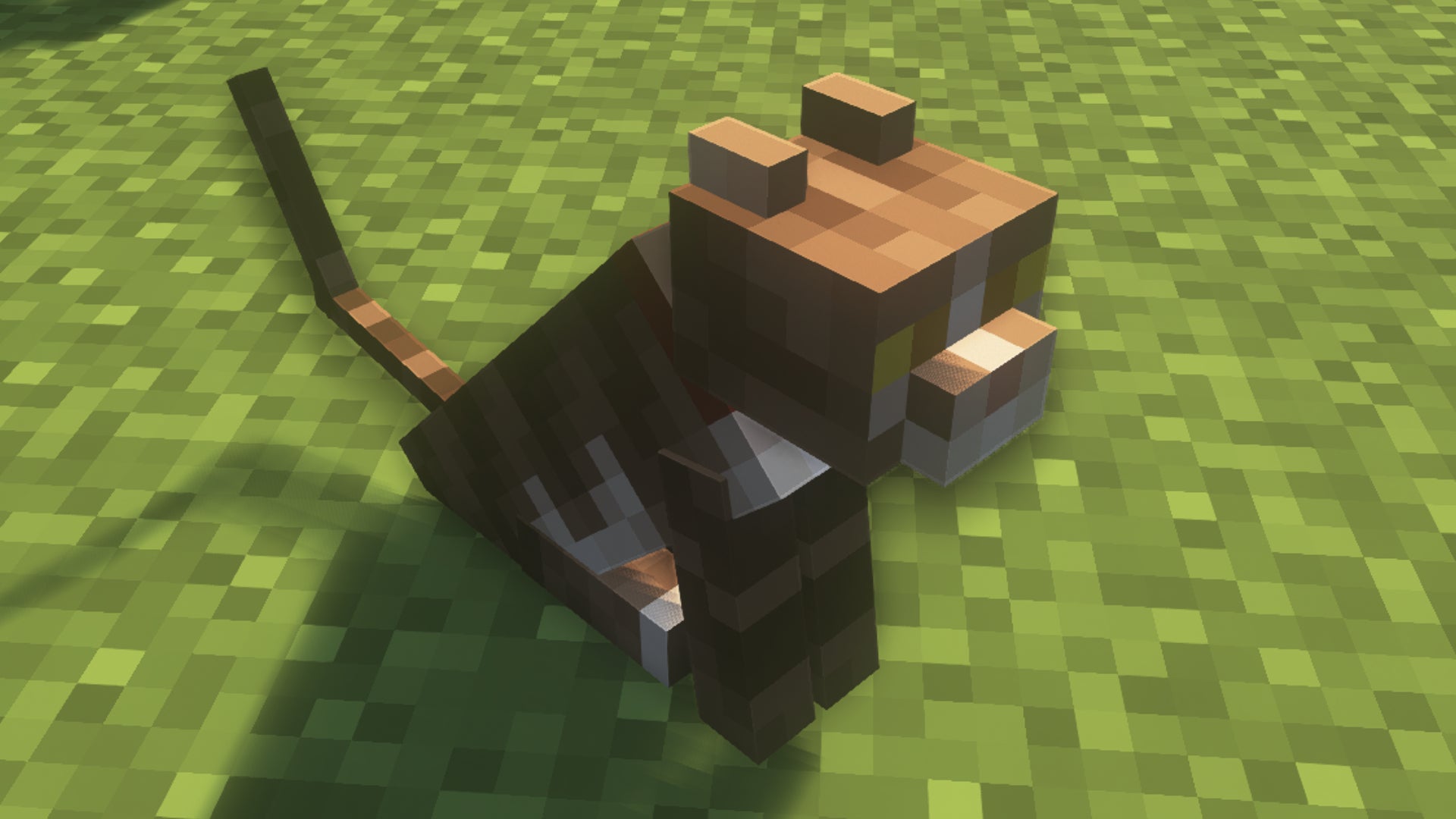 A cat sitting down on some grass in Minecraft.