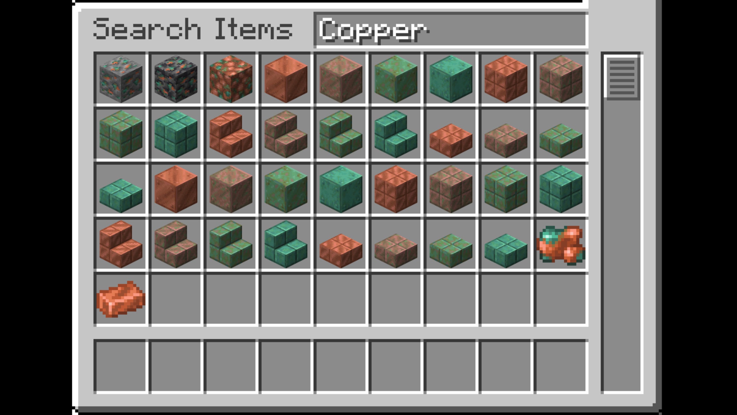 Uma captura de tela do Minecraft de cada tipo de bloco de cobre e item no jogo em uma janela de inventário.