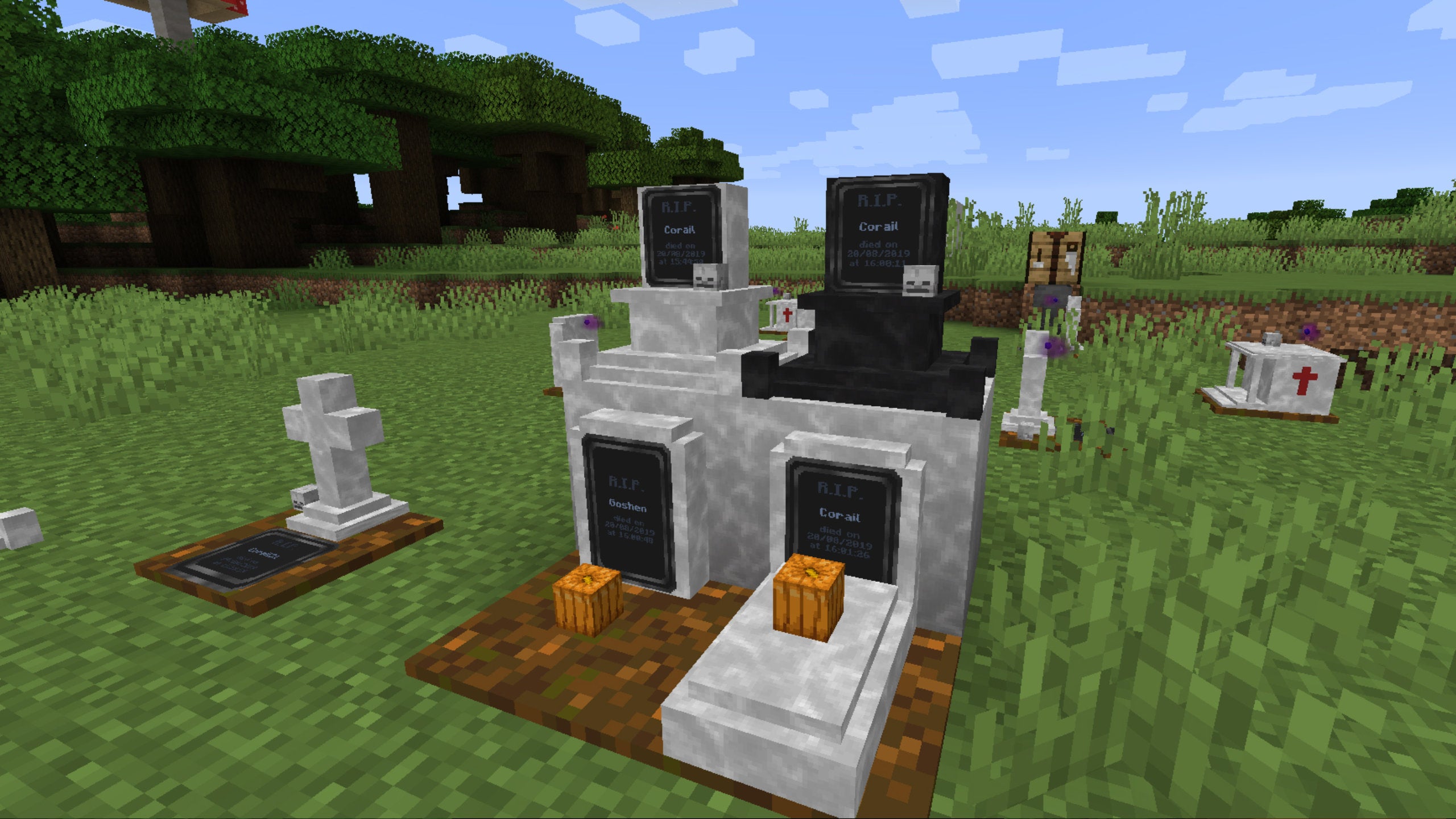 A screenshot of various tombstones in Minecraft made using the Corail Tombstone mod.