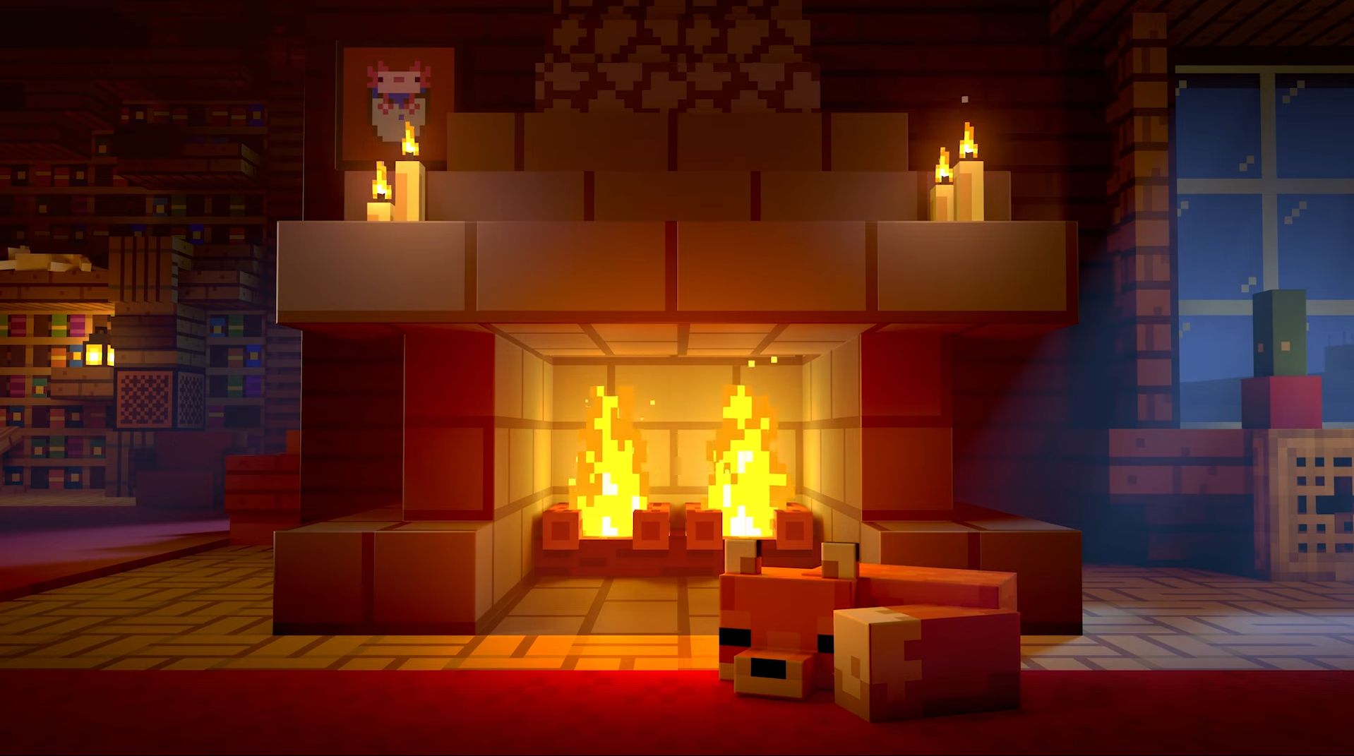 A fox curled up by a fireplace in a warm house in Minecraft.