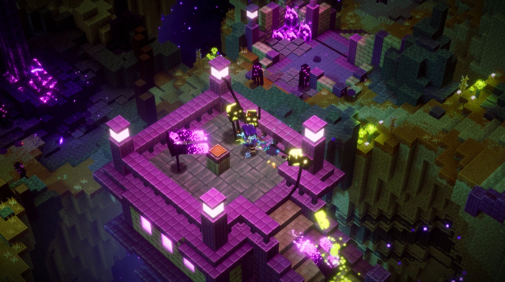 A screenshot of Minecraft Dungeon's Echoing Void DLC showing a topdown view of a blocky platform on which the player is fighting Endermen under purple light.
