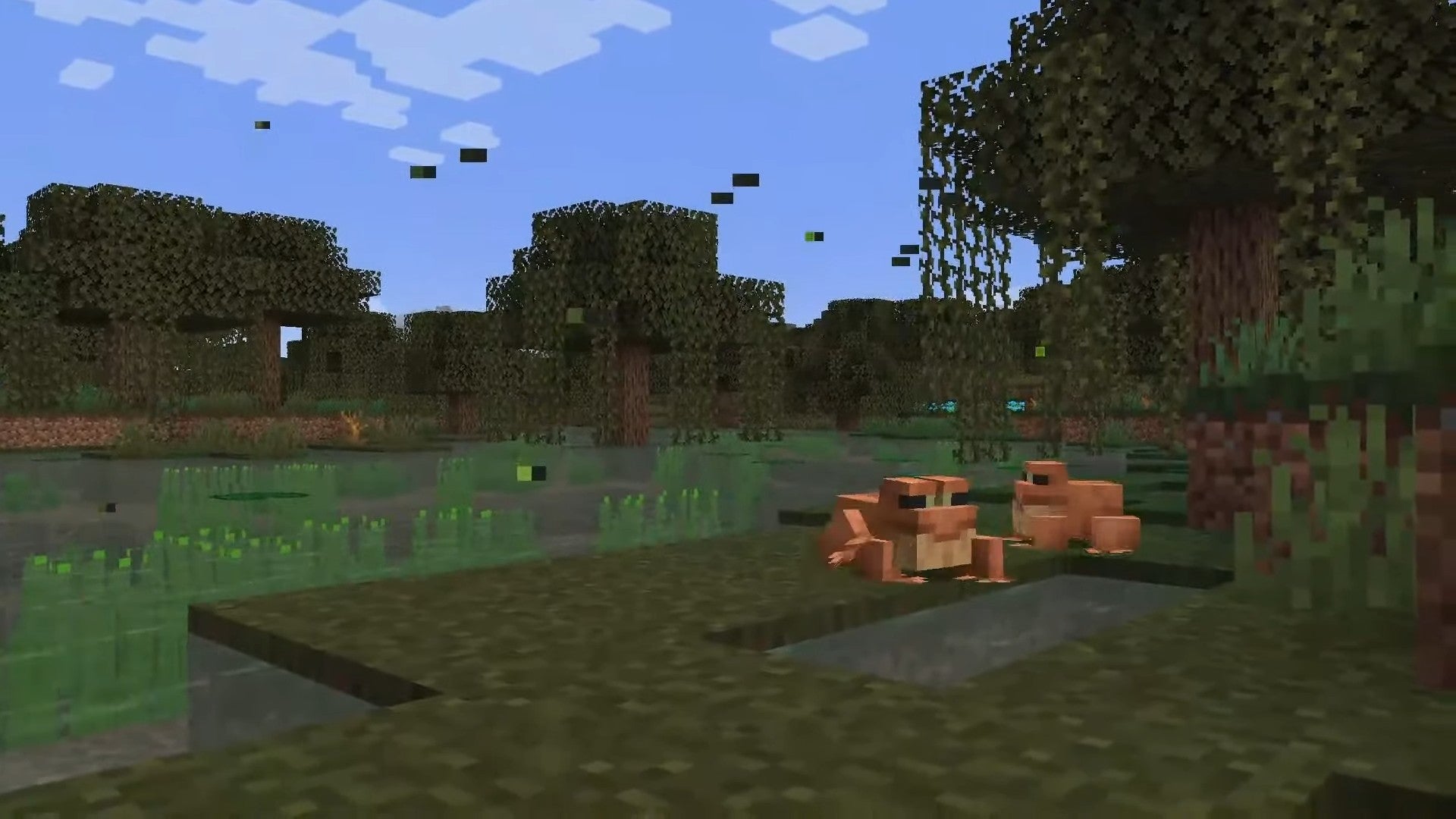 Two frogs sat in a swamp surrounded by fireflies in Minecraft
