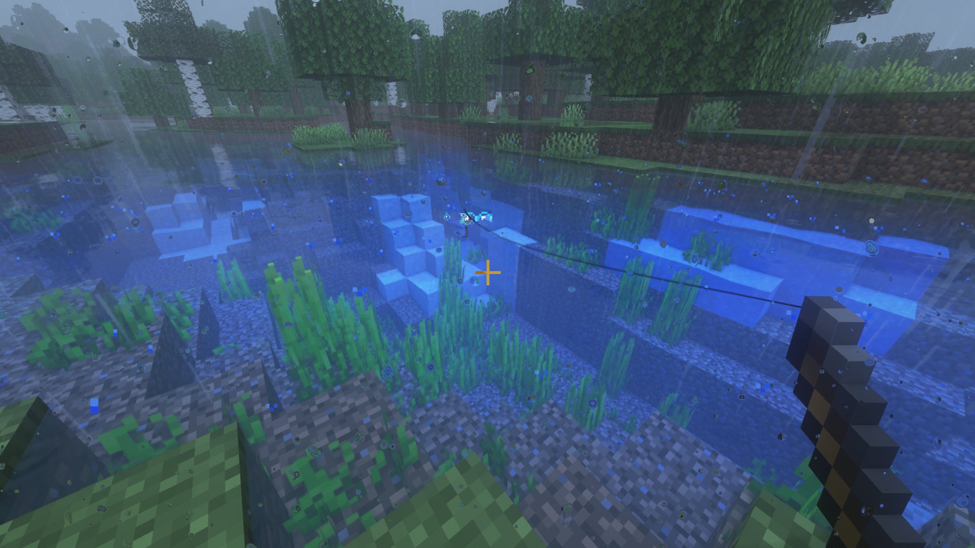A Minecraft player fishes in the rain.