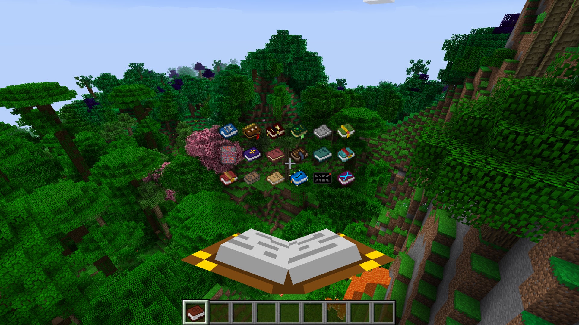 The player in Minecraft looks down upon a forest, and opens up a modded book in FTB Revelation, a popular modpack, to reveal a menu of book icons to choose from.