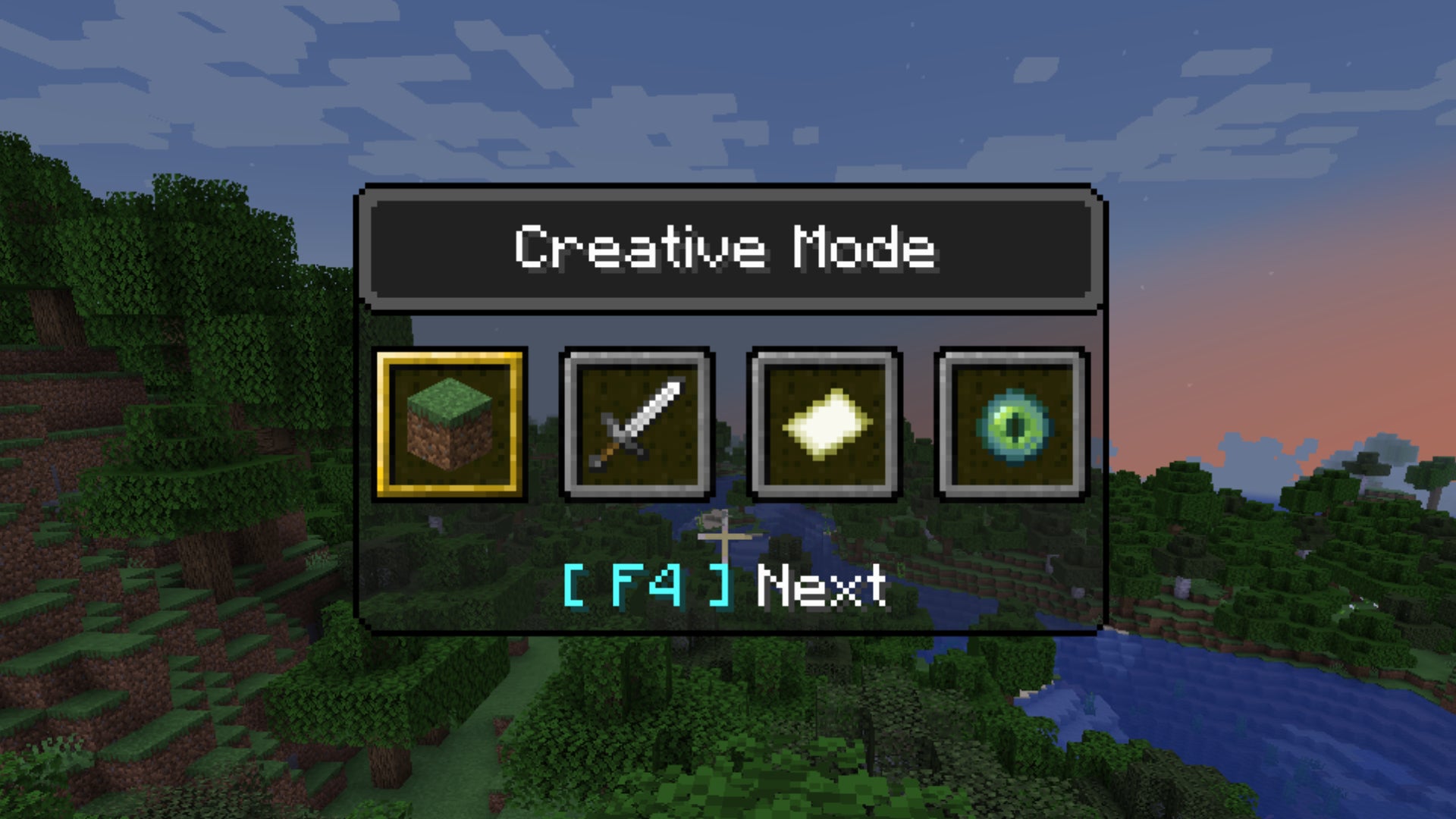 The game mode switcher panel in Minecraft, with Creative Mode selected.