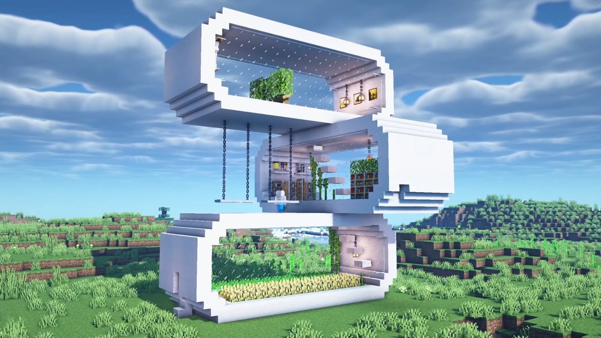 A 3-floor white container house in Minecraft, built by YouTuber ManDooMiN.