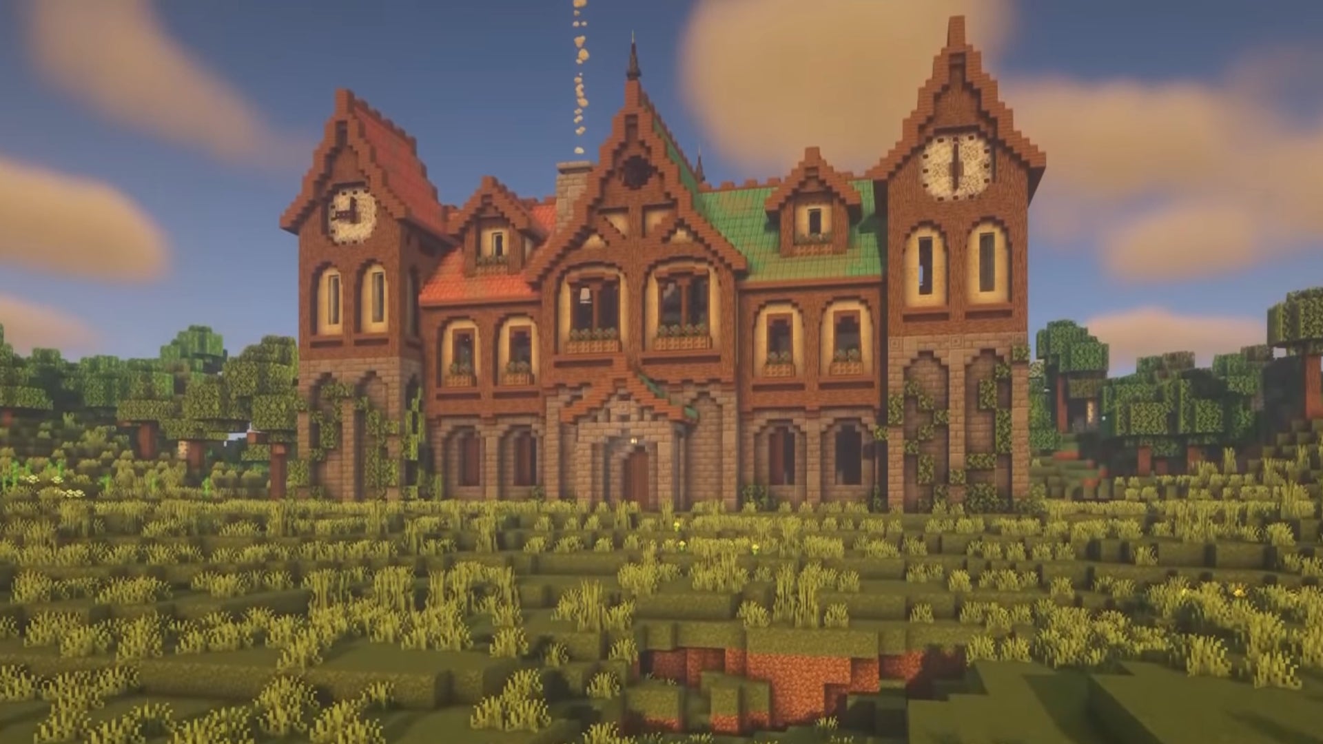 A fantasy mansion in Minecraft, built by YouTuber BigTonyMC.