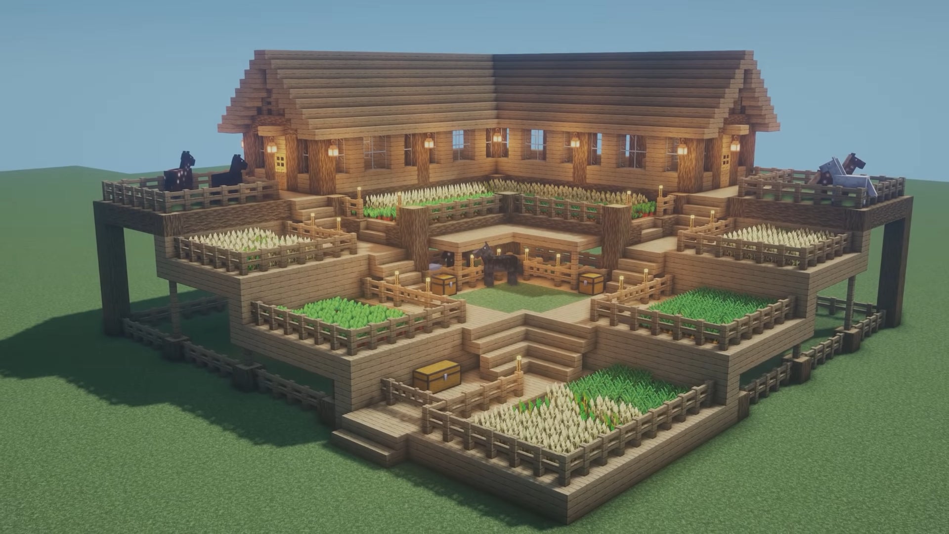 A wooden farmhouse in Minecraft, built by YouTuber "JUNS MAB Architecture tutorial".