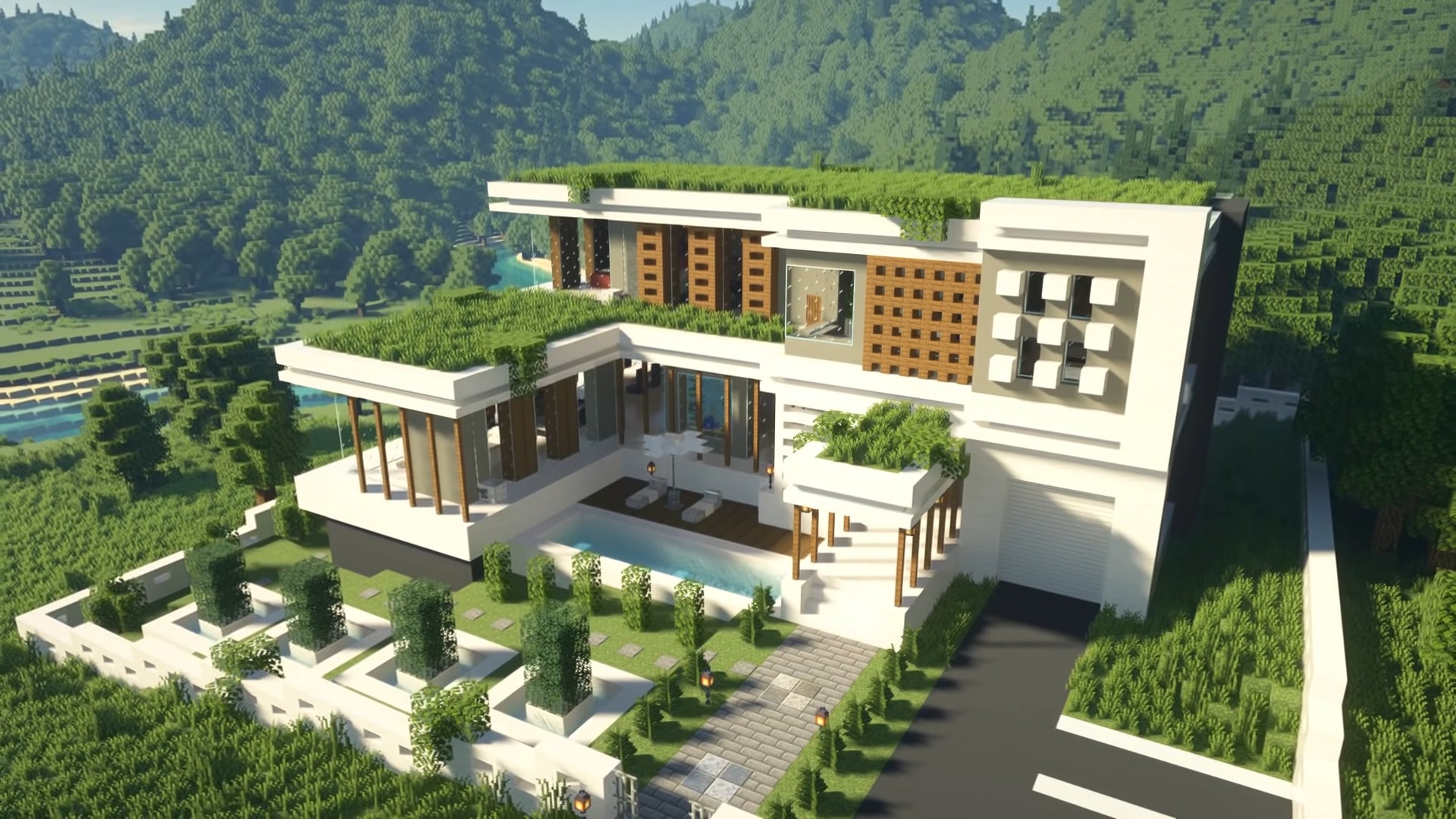 A luxury modern house in Minecraft, built by YouTuber OSHACRA.