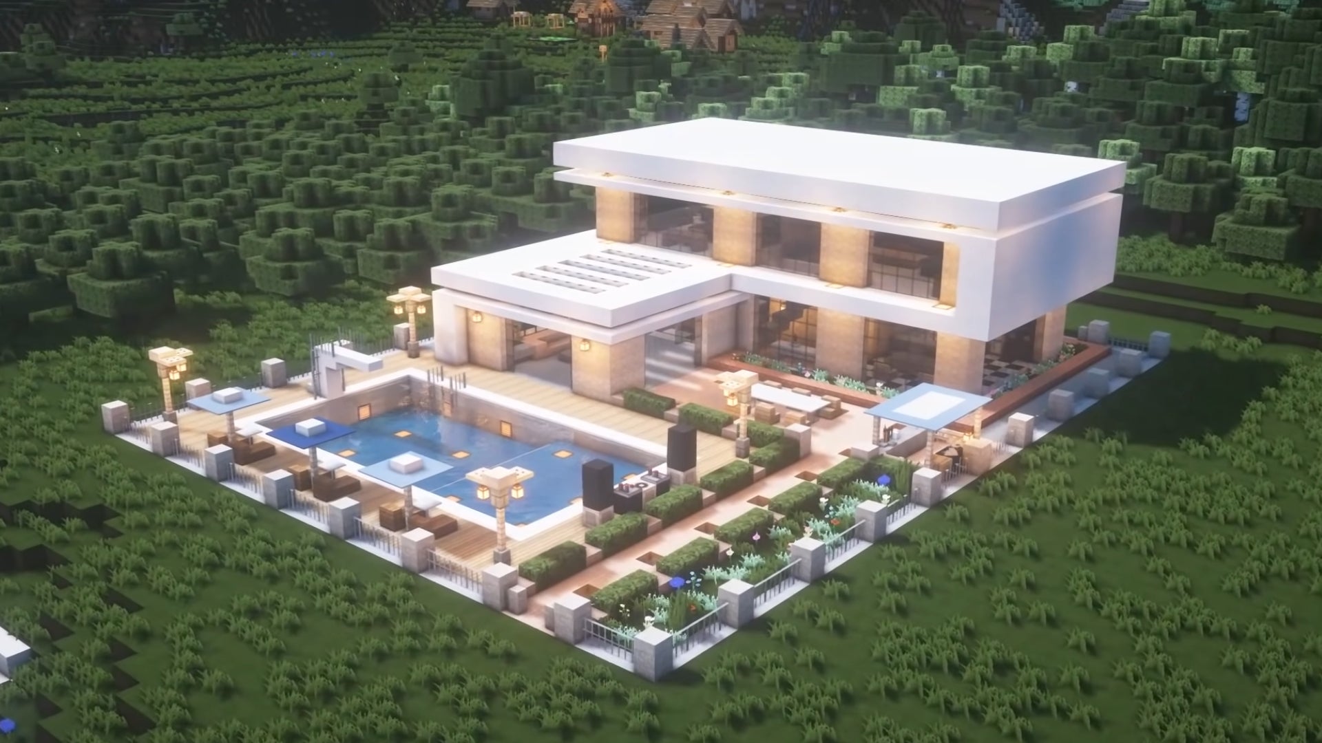 A large modern house in Minecraft, complete with pool, built by YouTuber IrieGenie.