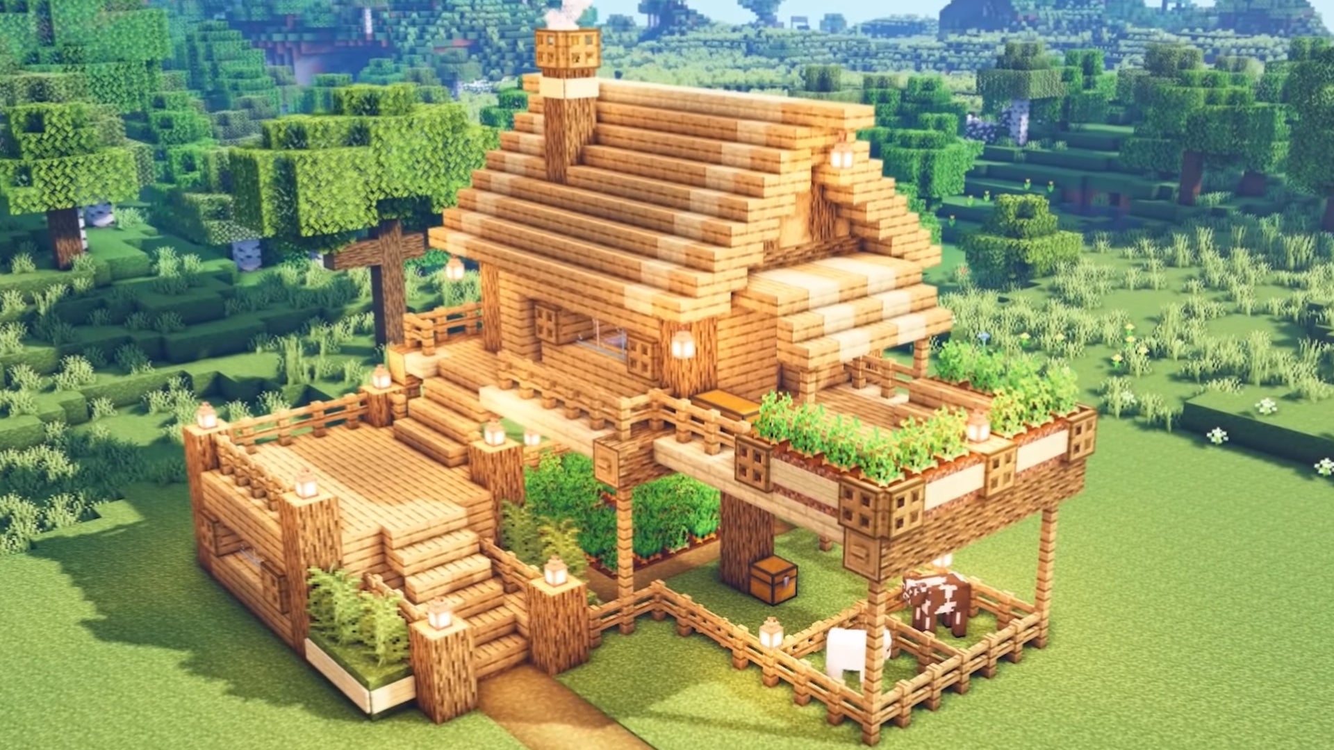 Une simple maison de survie en bois dans Minecraft, construite par le YouTuber SheepGG.