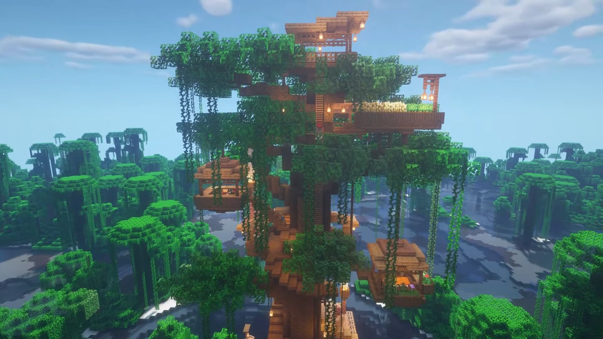 A large jungle treehouse in Minecraft, built by YouTuber DiddiHD.