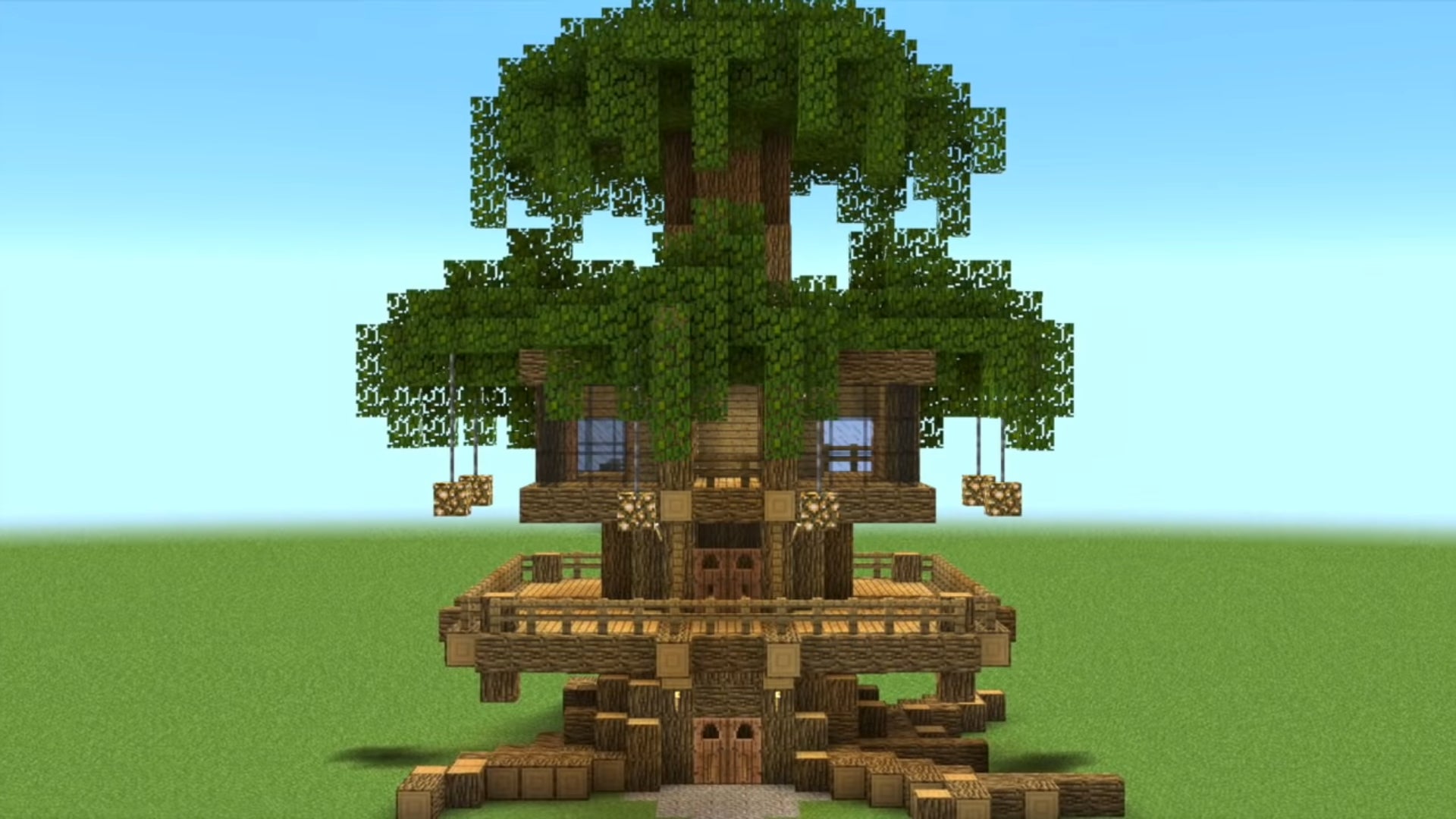 A large treehouse in Minecraft, built by YouTuber Shock Frost.