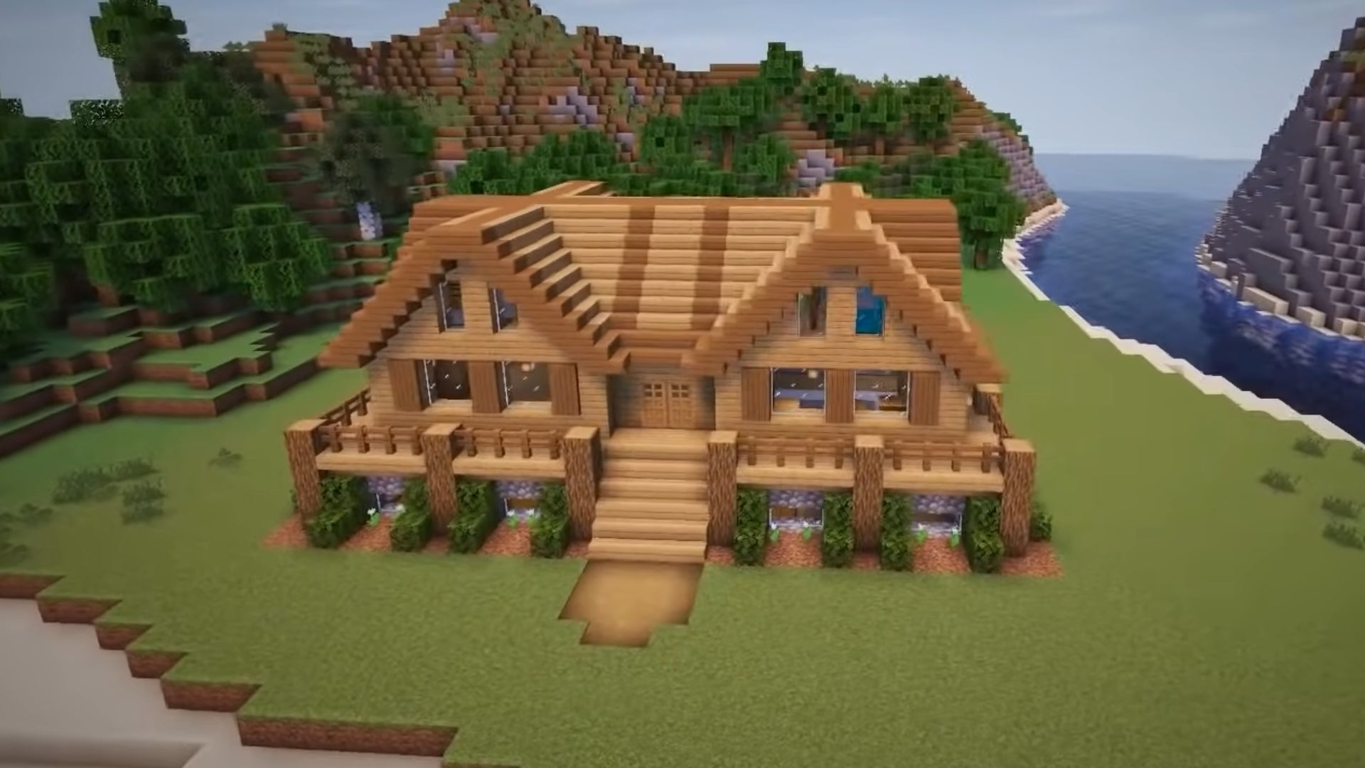 A wooden cabin in Minecraft, built by YouTuber Greg Builds.