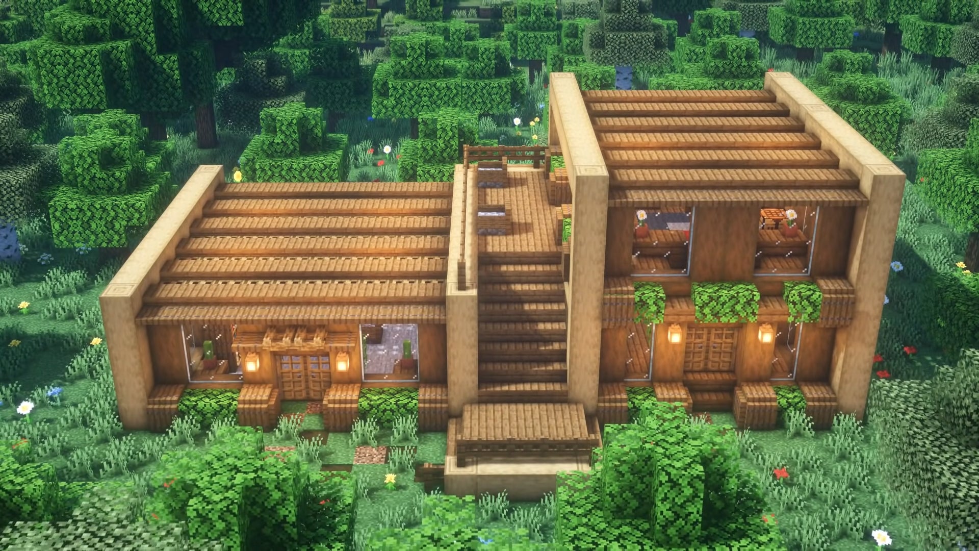 A wooden survival house in Minecraft, built by YouTuber Folli.