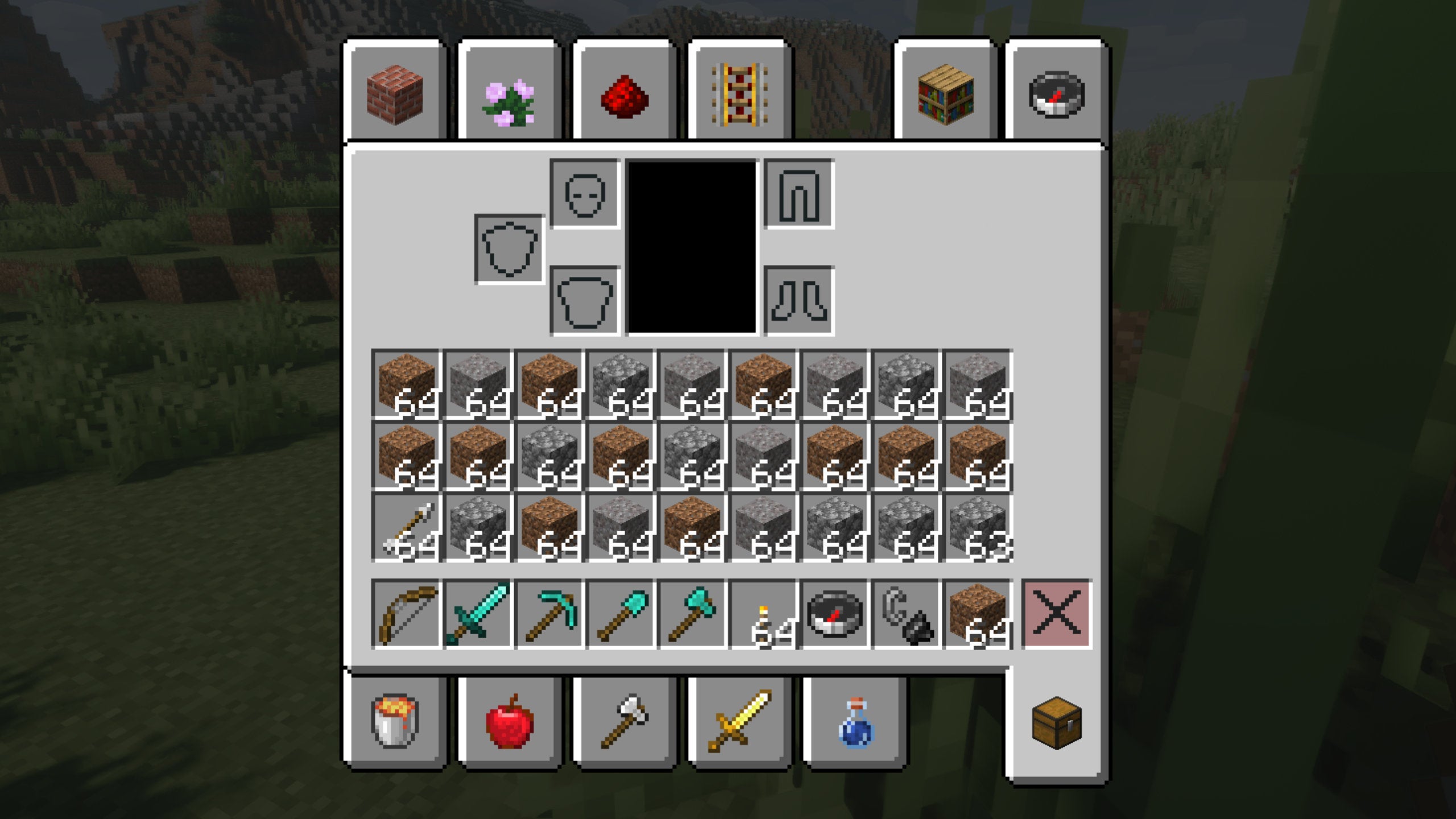A cluttered inventory in Minecraft.