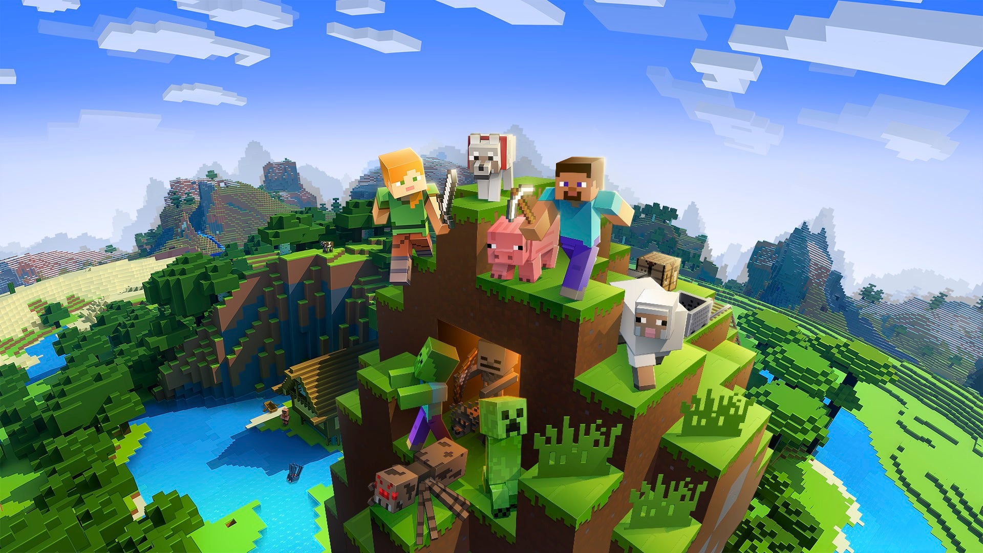Some Minecraft characters and animals hanging out on a nice pile of dirt blocks.