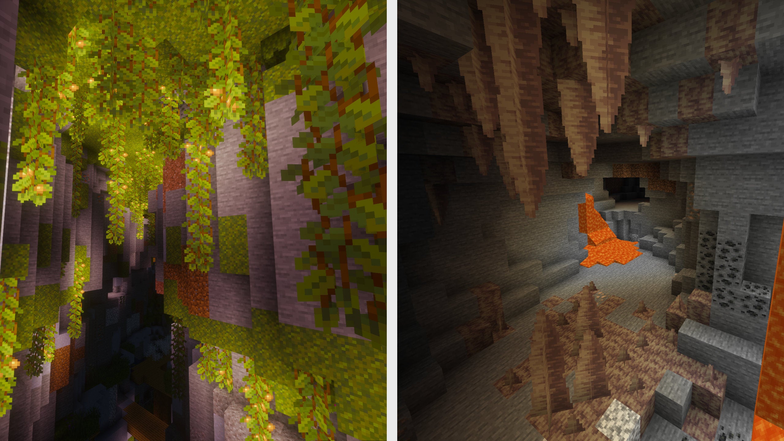 Left: a Lush Cave in Minecraft. Right: a Dripstone Cave in Minecraft.