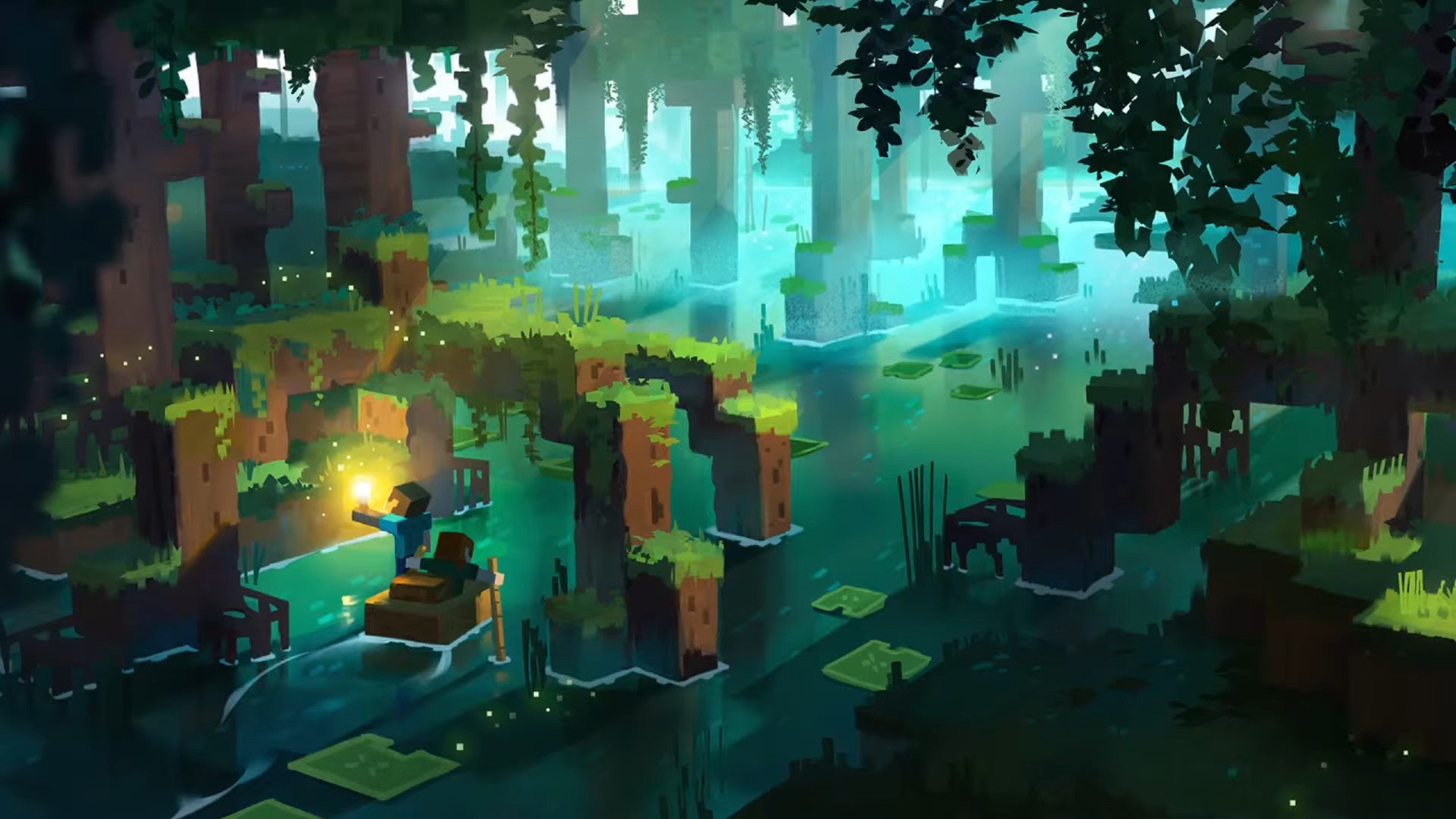 Minecraft The Wild güncellemesinde bir mangrov ağacının kökleri altında teknede kürek çeken karakterlerin konsept sanatı