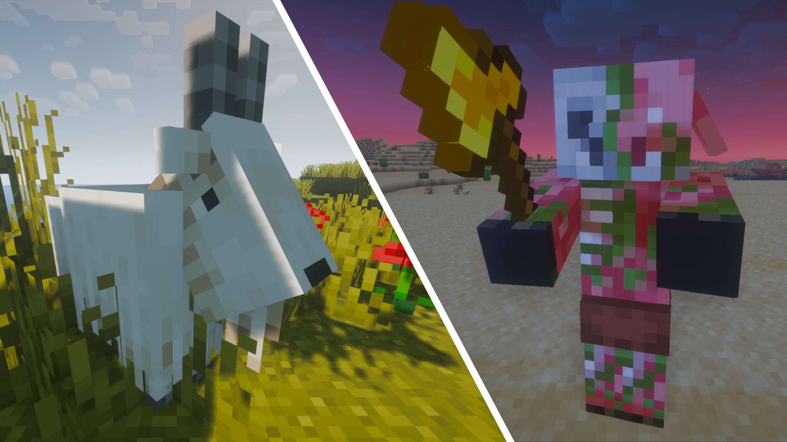 A composite image of two Minecraft mobs: on the left is a goat in a grassland biome during the day, and on the right is a Piglin Brute in a desert biome at night.